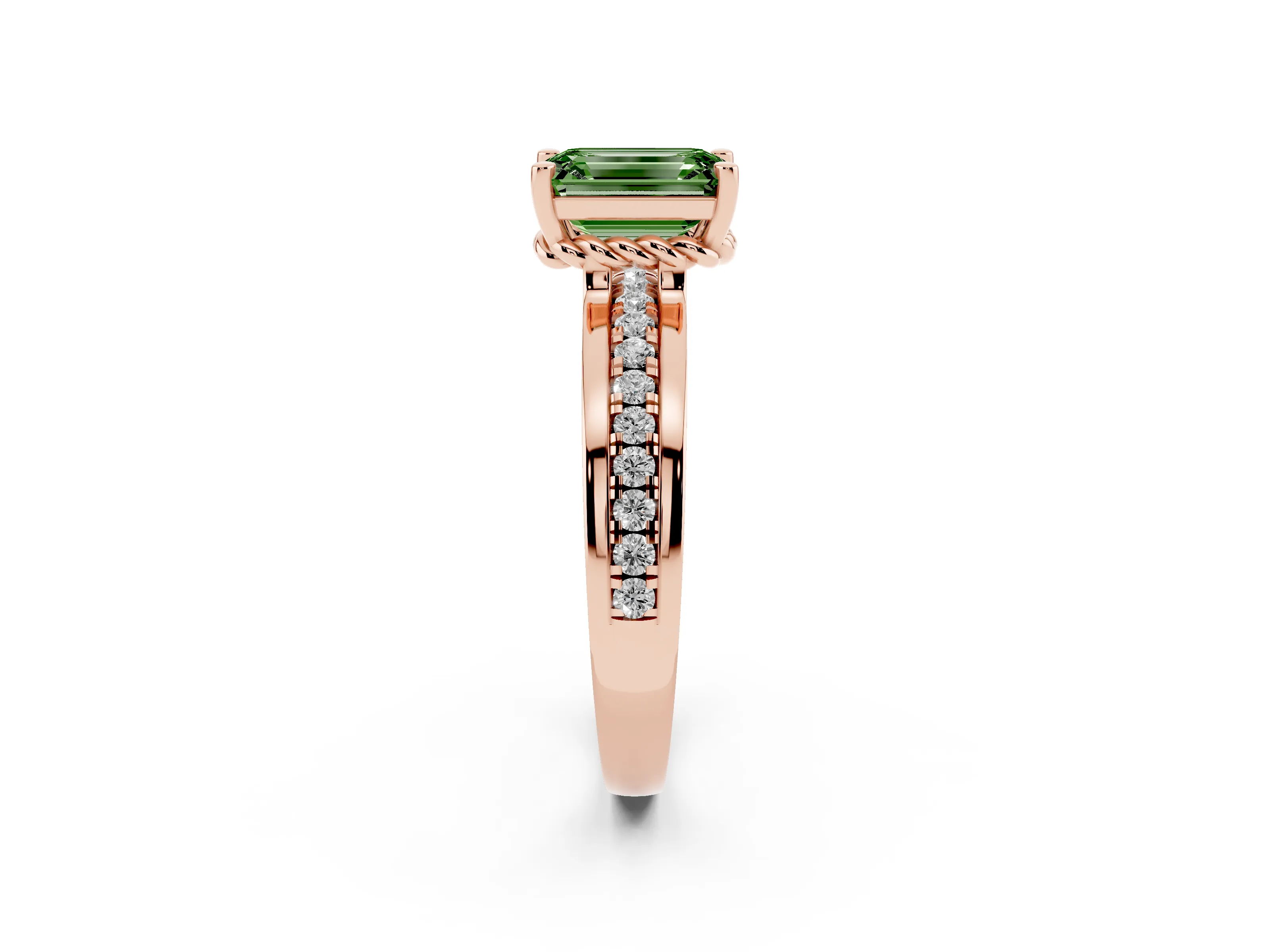 Fancy Green Emerald Cut Diamond Solitaire Ring Set in Rose gold with Channel Set Band and Prong Setting