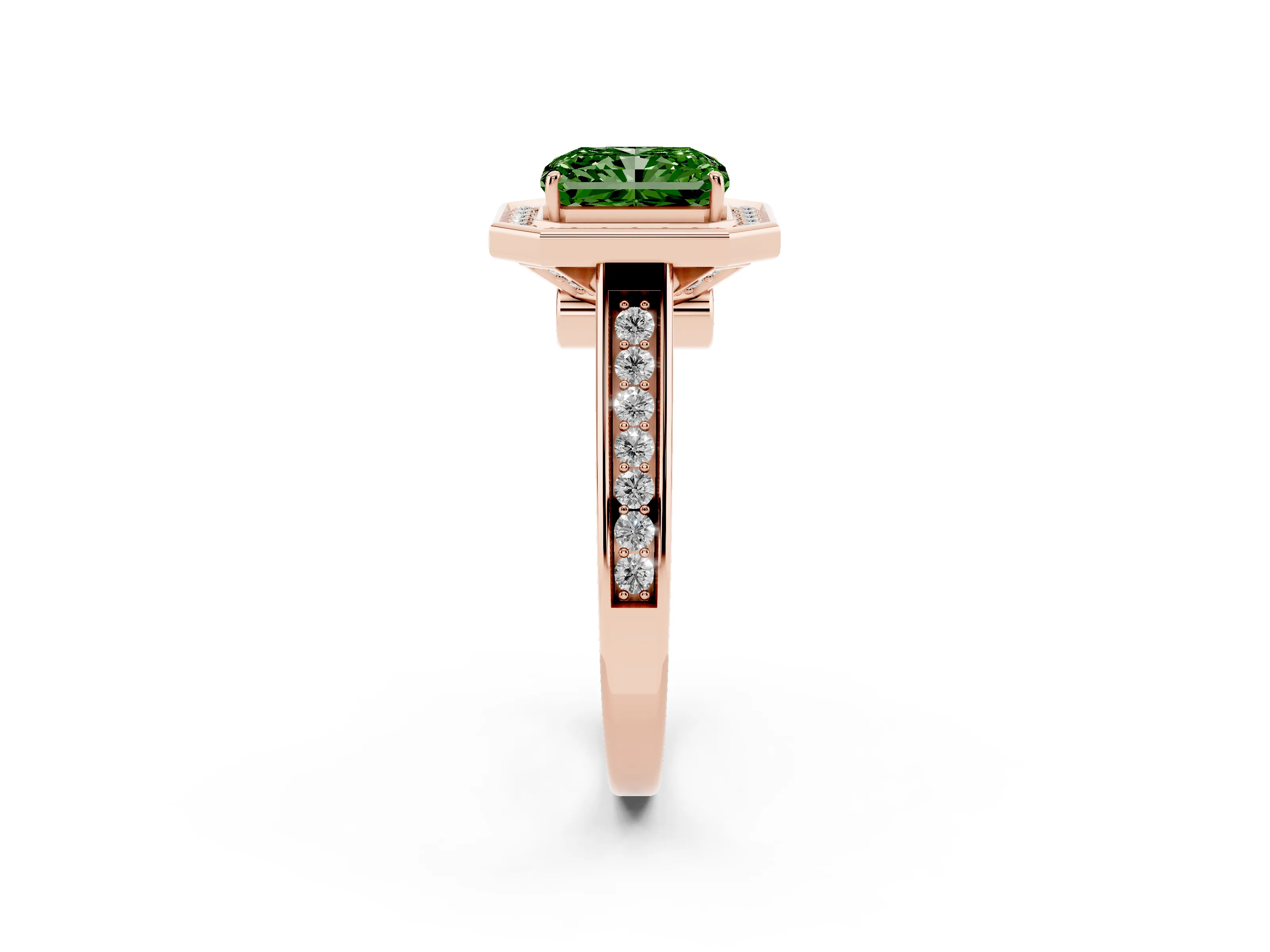 Fancy Green Emerald Cut Diamond Halo Solitaire Ring Set in Rose gold with Pavé Band and Bezel Setting