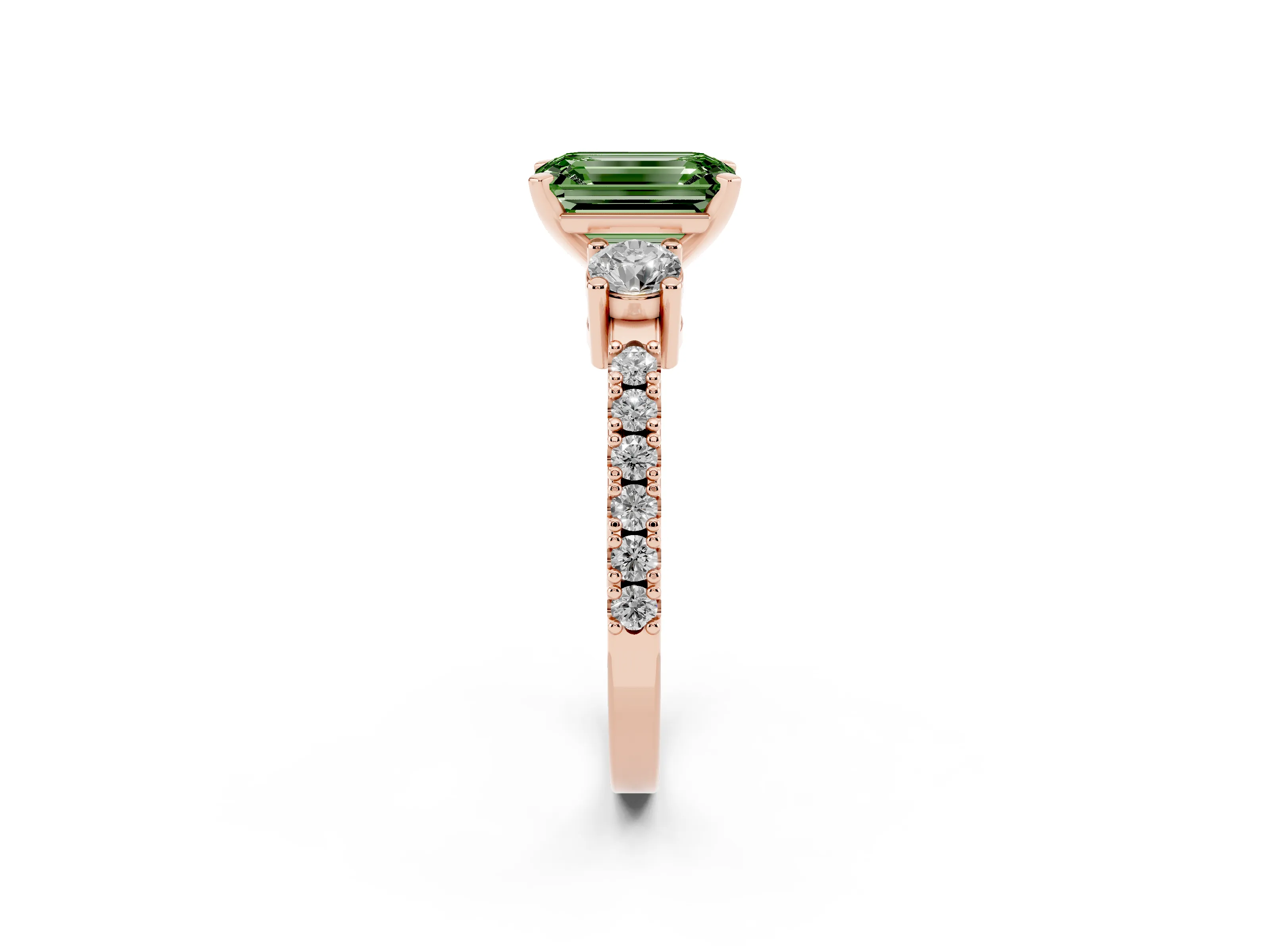 Fancy Green Three-Stone Emerald Cut Diamond Pavé Band Ring Set in Rose gold with Prong Setting