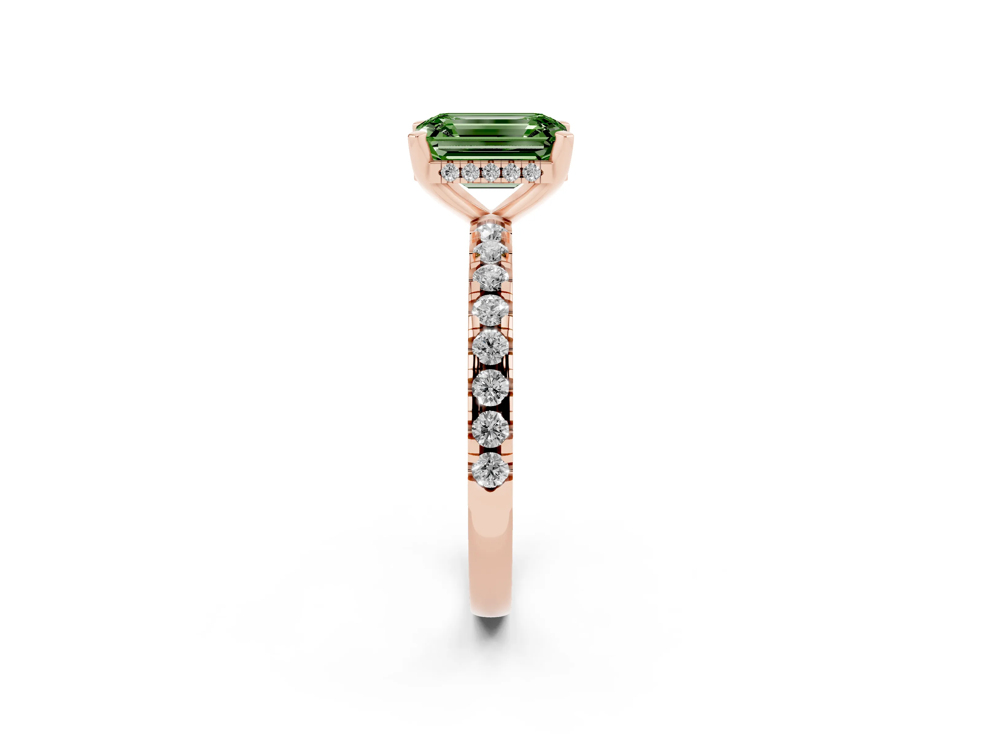 Fancy Green Emerald Cut Diamond Pavé Solitaire Ring Set in Rose gold with Round Band Accents and Prong Setting