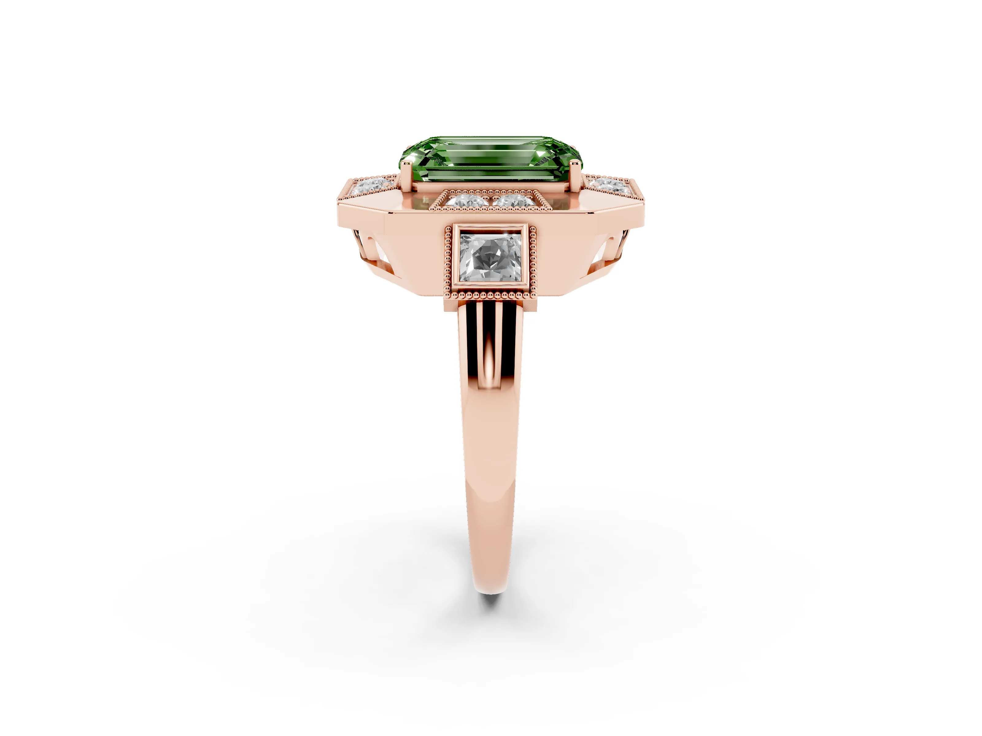 Fancy Green Emerald Cut Diamond Milgrain Halo Ring Set in Rose gold with Split Shank