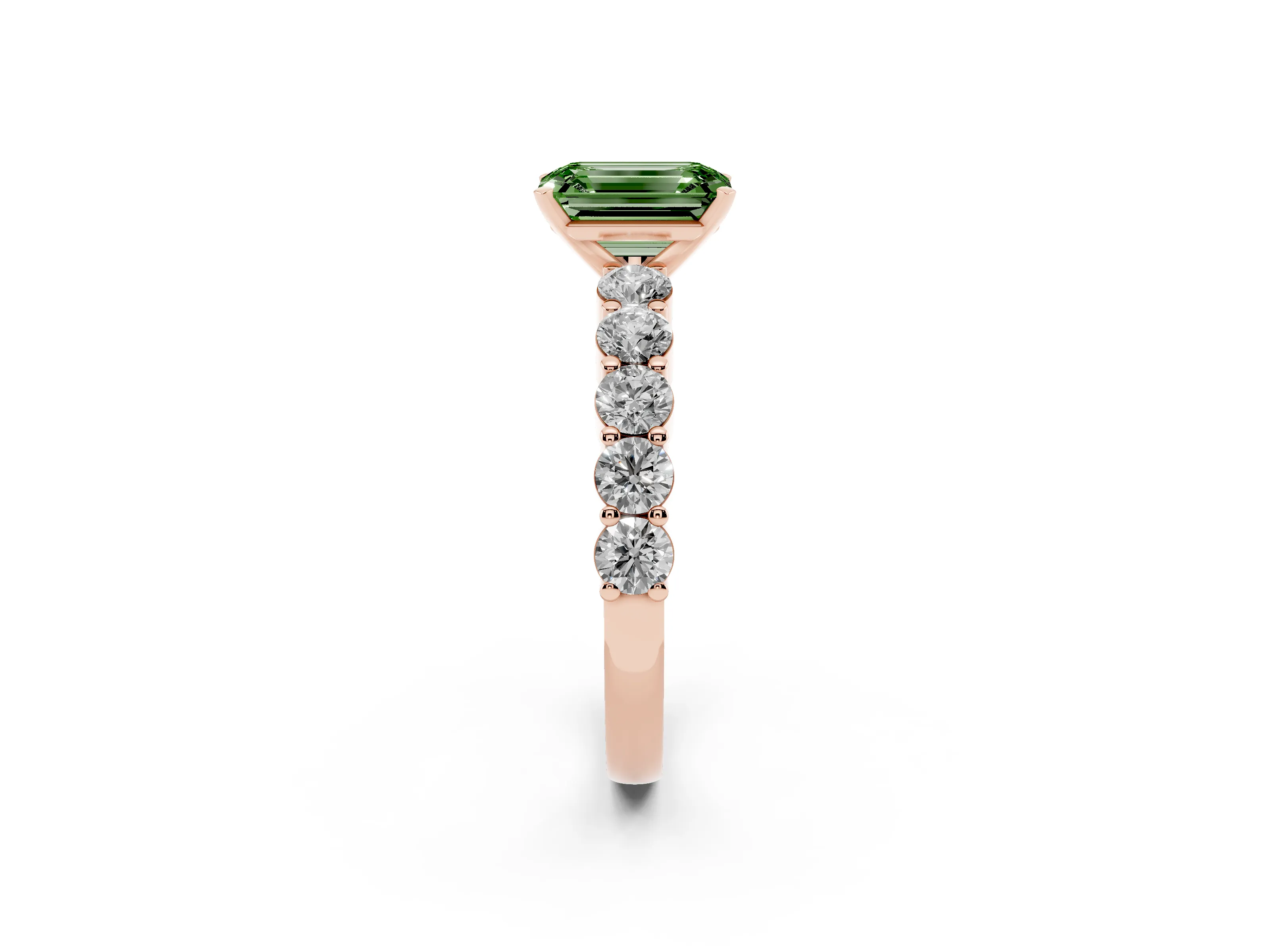 Fancy Green Emerald Cut Diamond Solitaire Ring Set in Rose gold with Shared Prong Round Side Stones