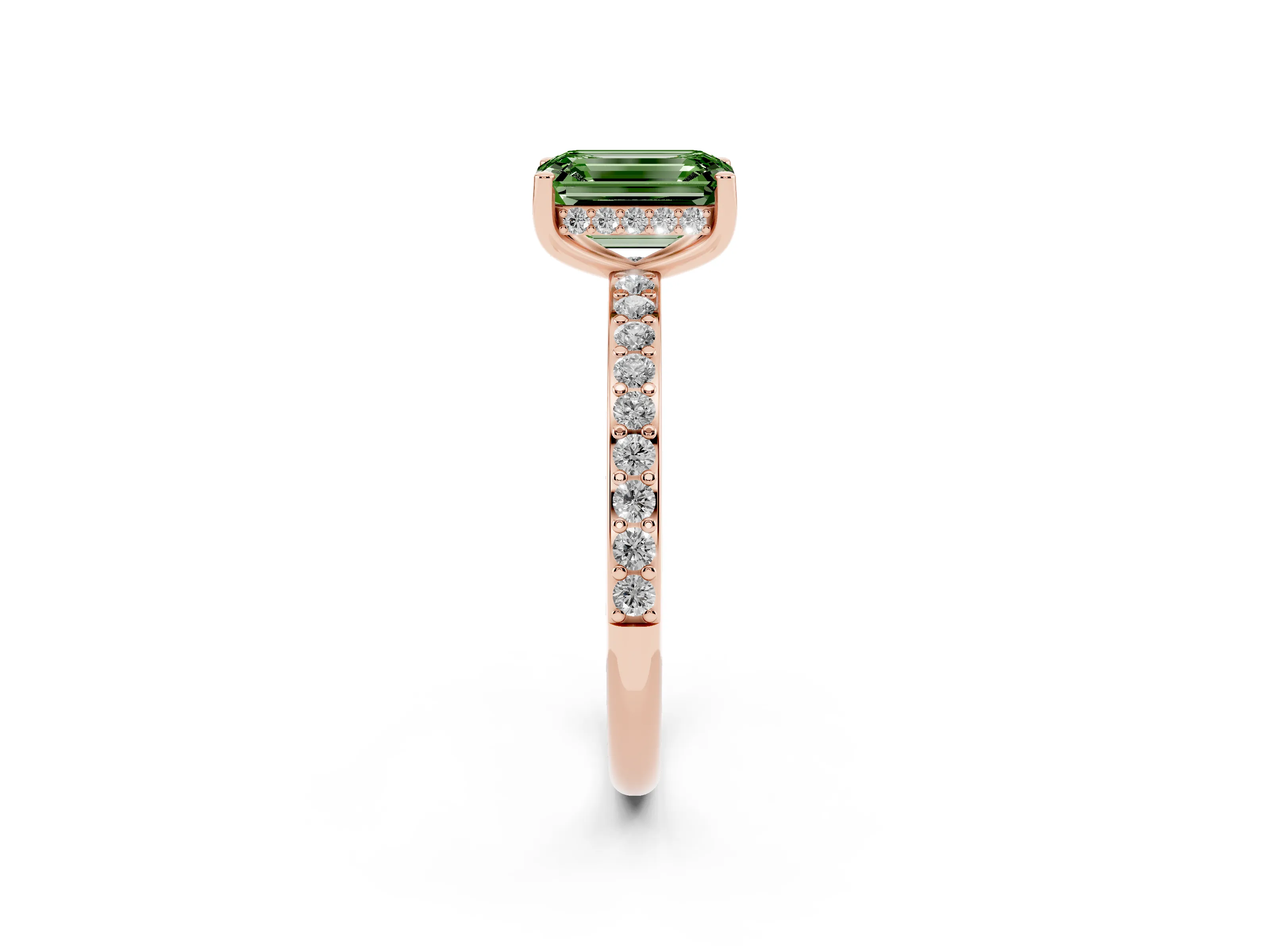 Fancy Green Emerald Cut Diamond Pavé Band Ring Set in Rose gold with Prong-Set Center Stone