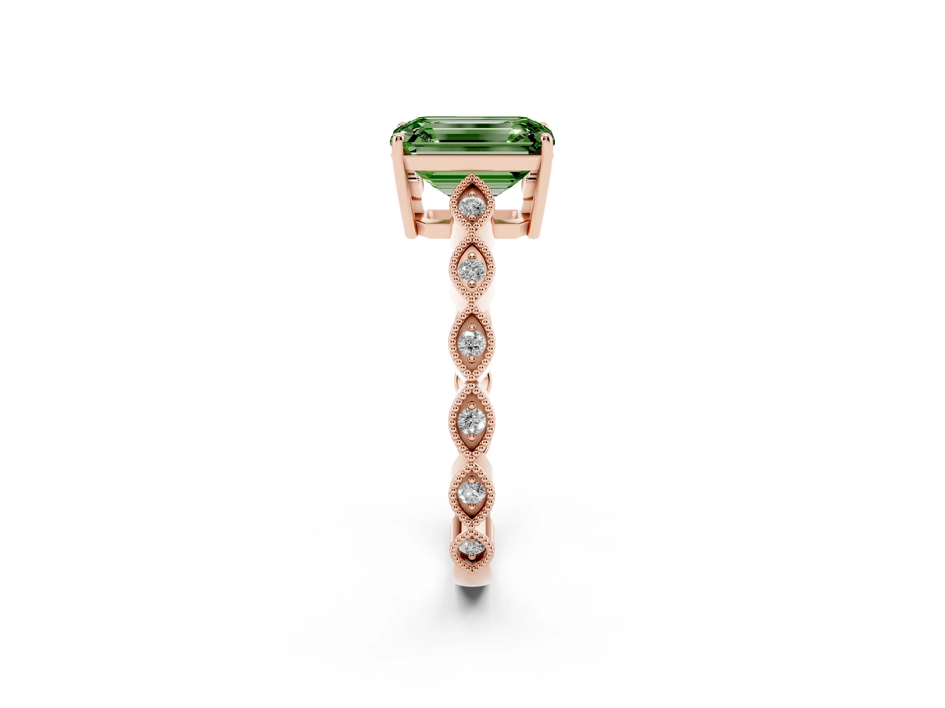 Fancy Green Emerald Cut Diamond Solitaire Ring Set in Rose gold with Infinity Twist Pavé Band
