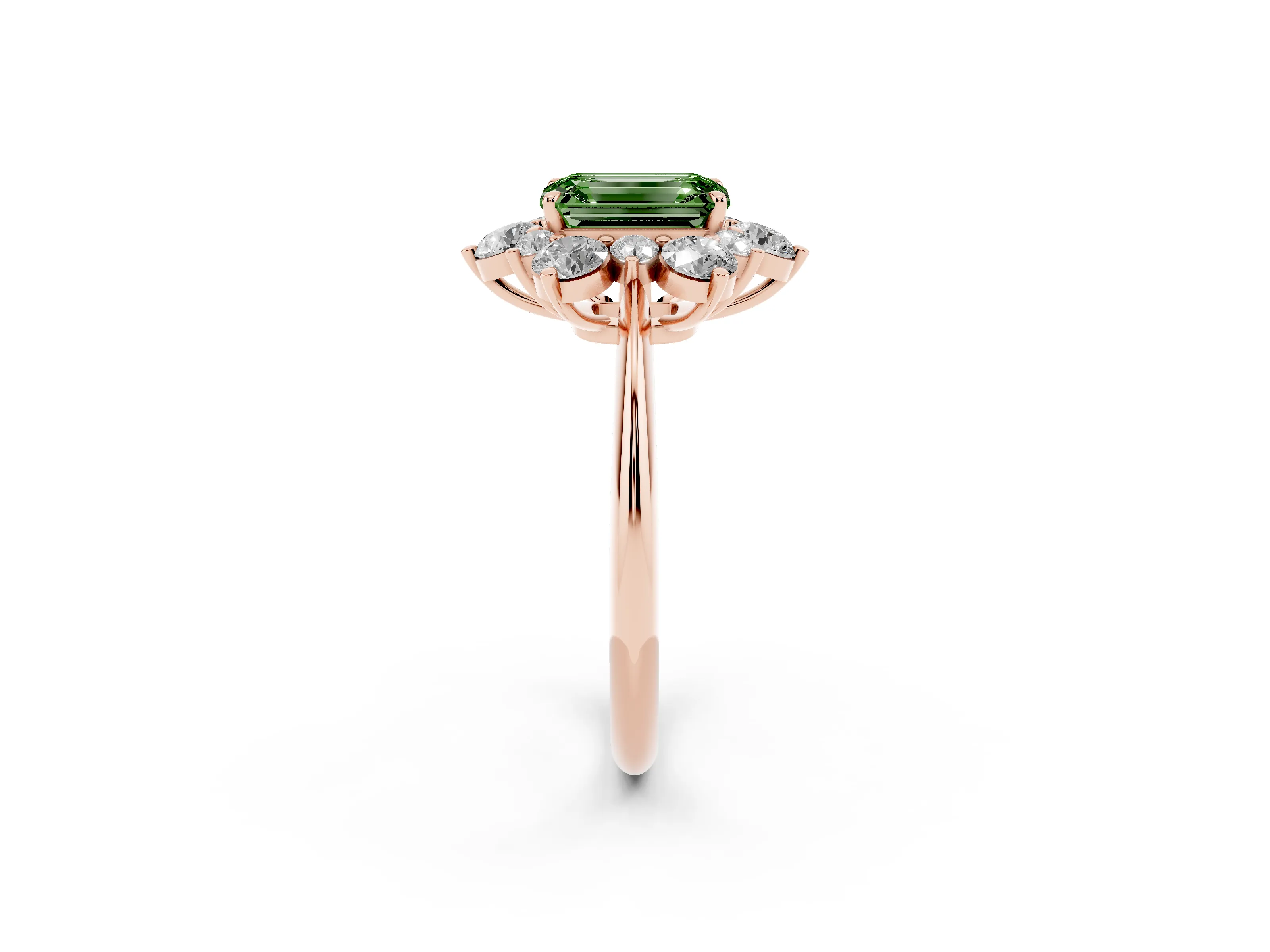 Fancy Green Emerald Cut Diamond Cluster Halo Ring Set in Rose gold with Solitaire Band and Prong Setting