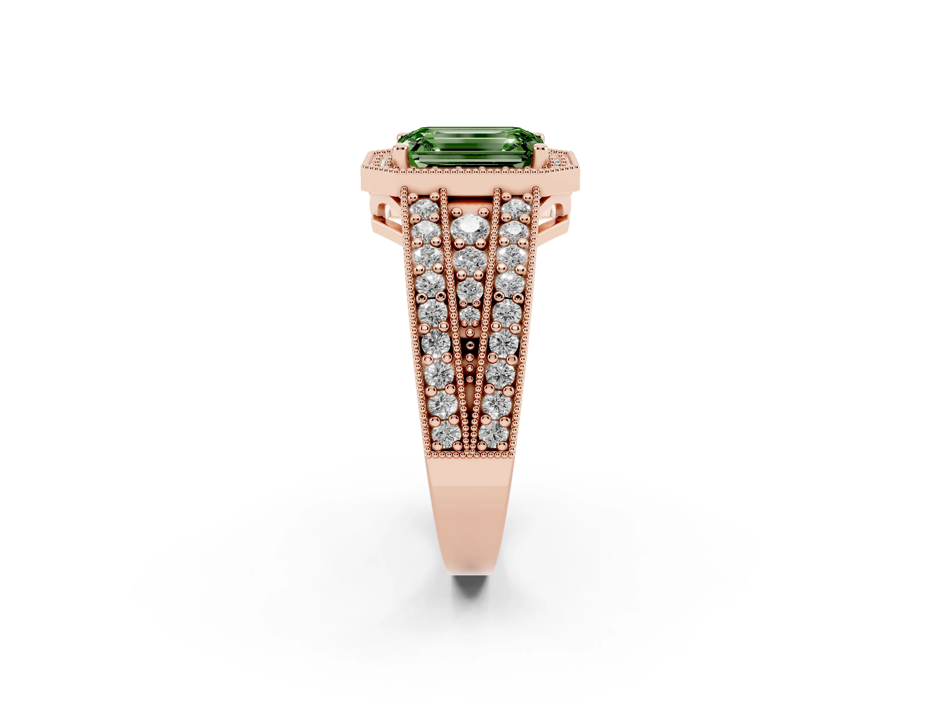 Fancy Green Emerald Cut Diamond Halo Ring Set in Rose gold with Accent Split Shank and Prong Setting