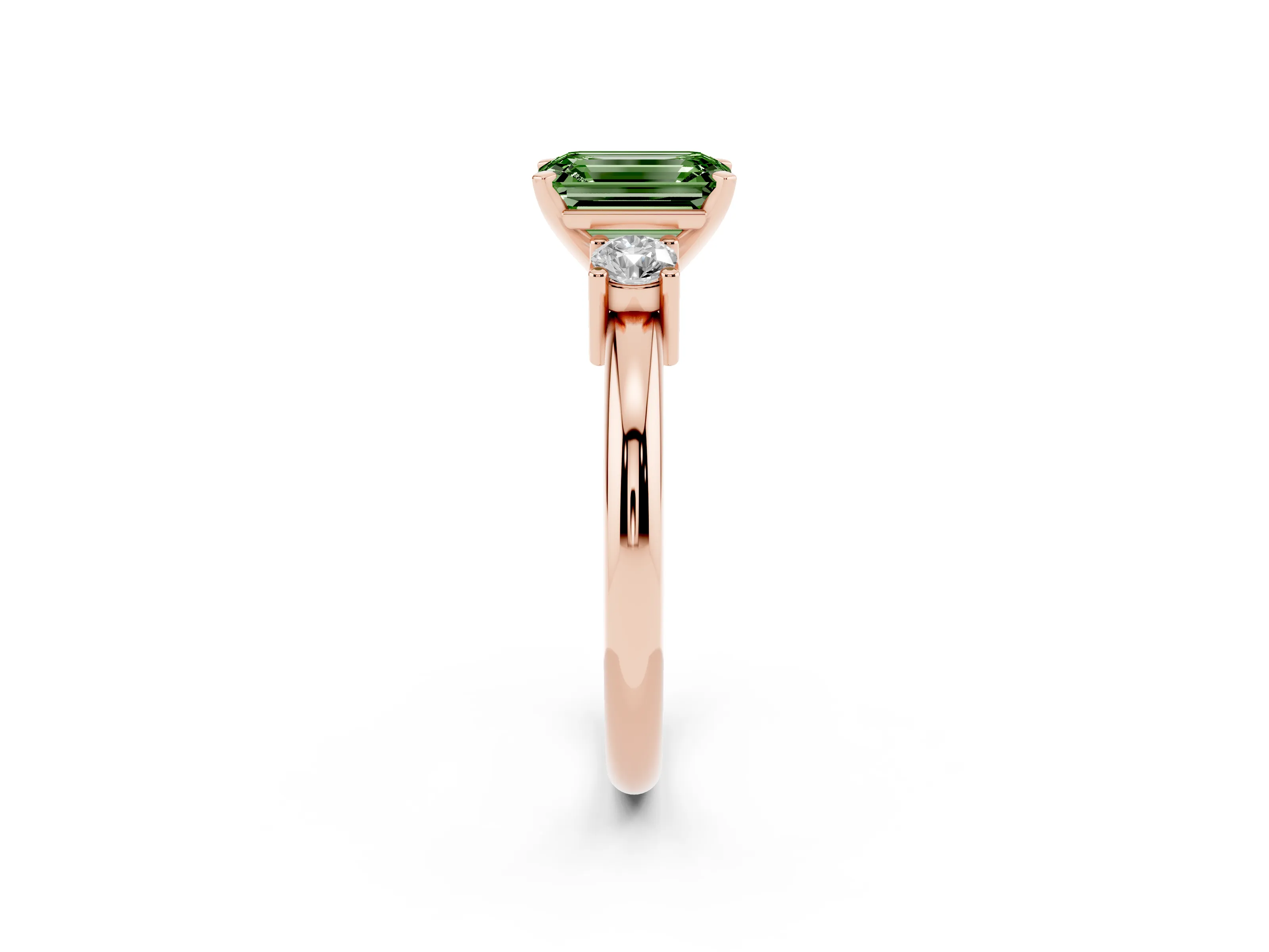 Fancy Green Three-Stone Emerald Cut Diamond Ring Set in Rose gold with Prong Setting and Plain Band