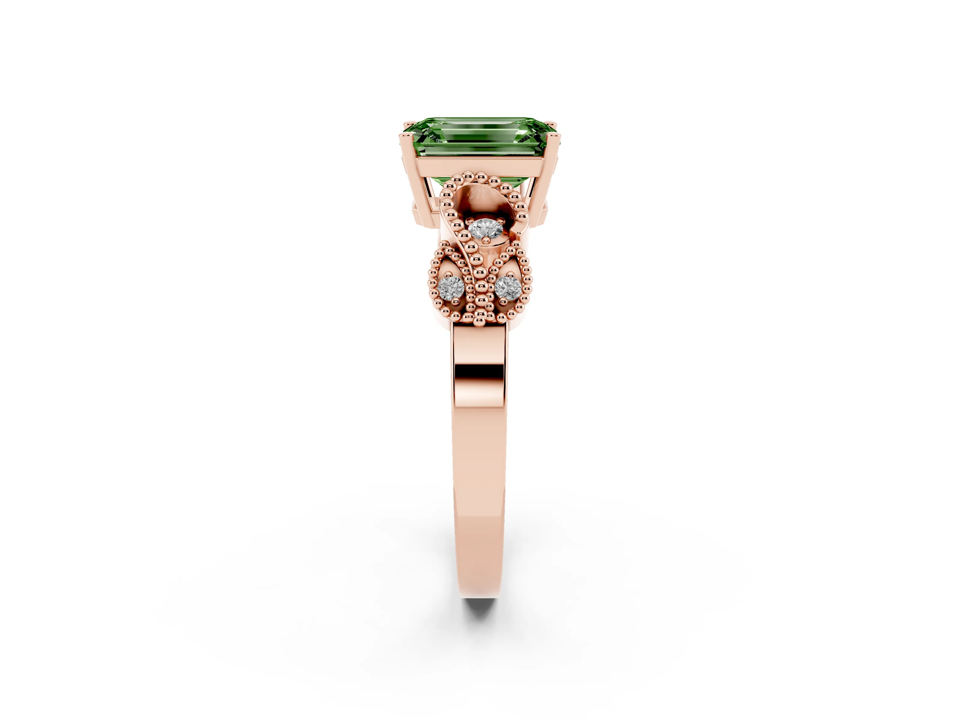 Fancy Green Emerald Cut Diamond Milgrain Leaf Band Solitaire Ring Set in Rose gold with Accent Stones and Prong Setting