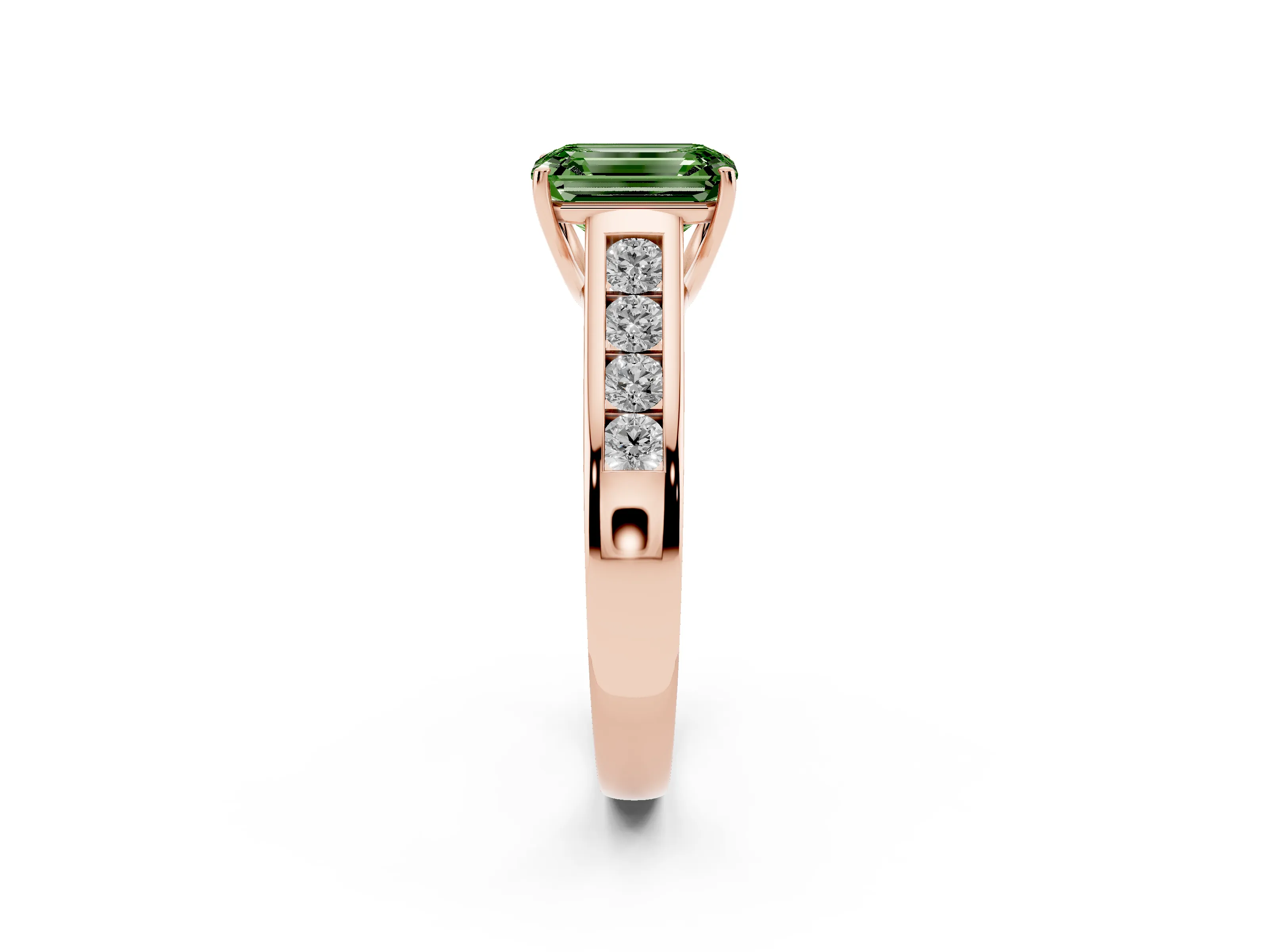Fancy Green Emerald Cut Diamond Solitaire Channel-Set Engagement Ring Set in Rose gold with Prong Setting