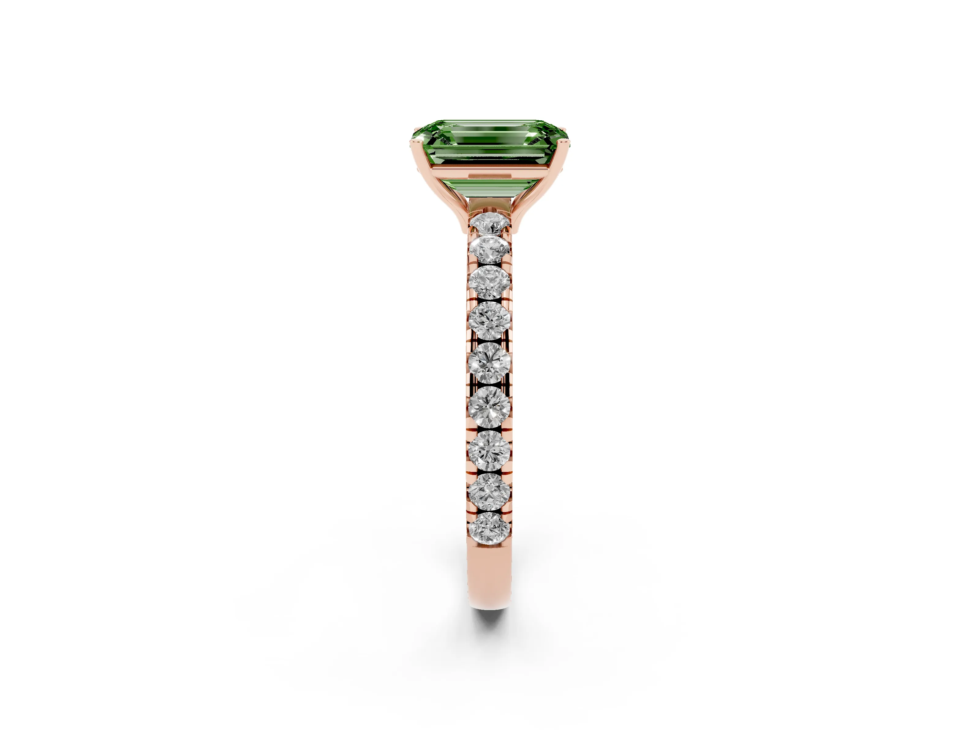 Fancy Green Emerald Cut Diamond Pavé Solitaire Engagement Ring Set in Rose gold with Prong Setting