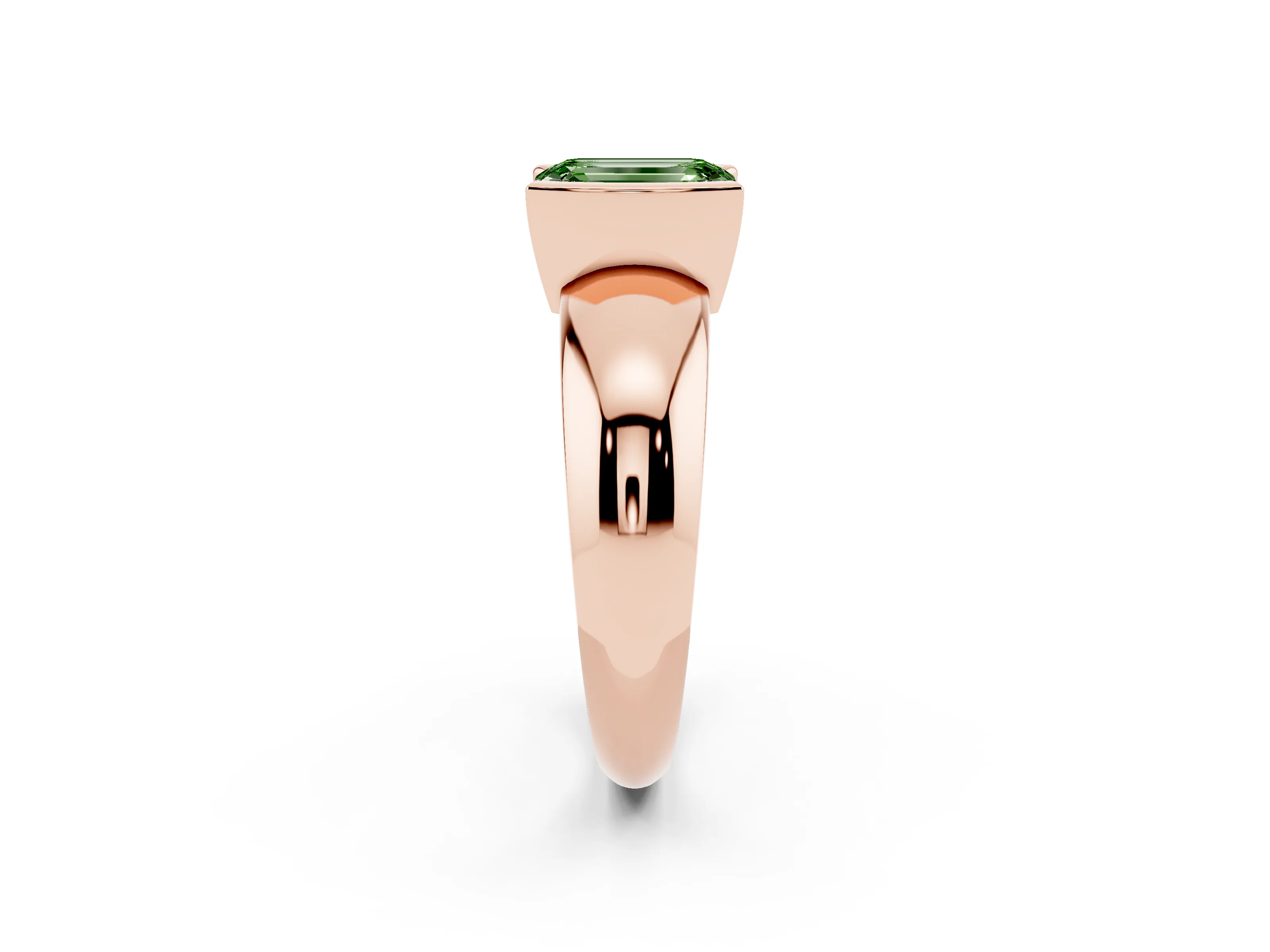 Fancy Green Emerald Cut Diamond Solitaire Tension Set Ring Set in Rose gold with Wide Band