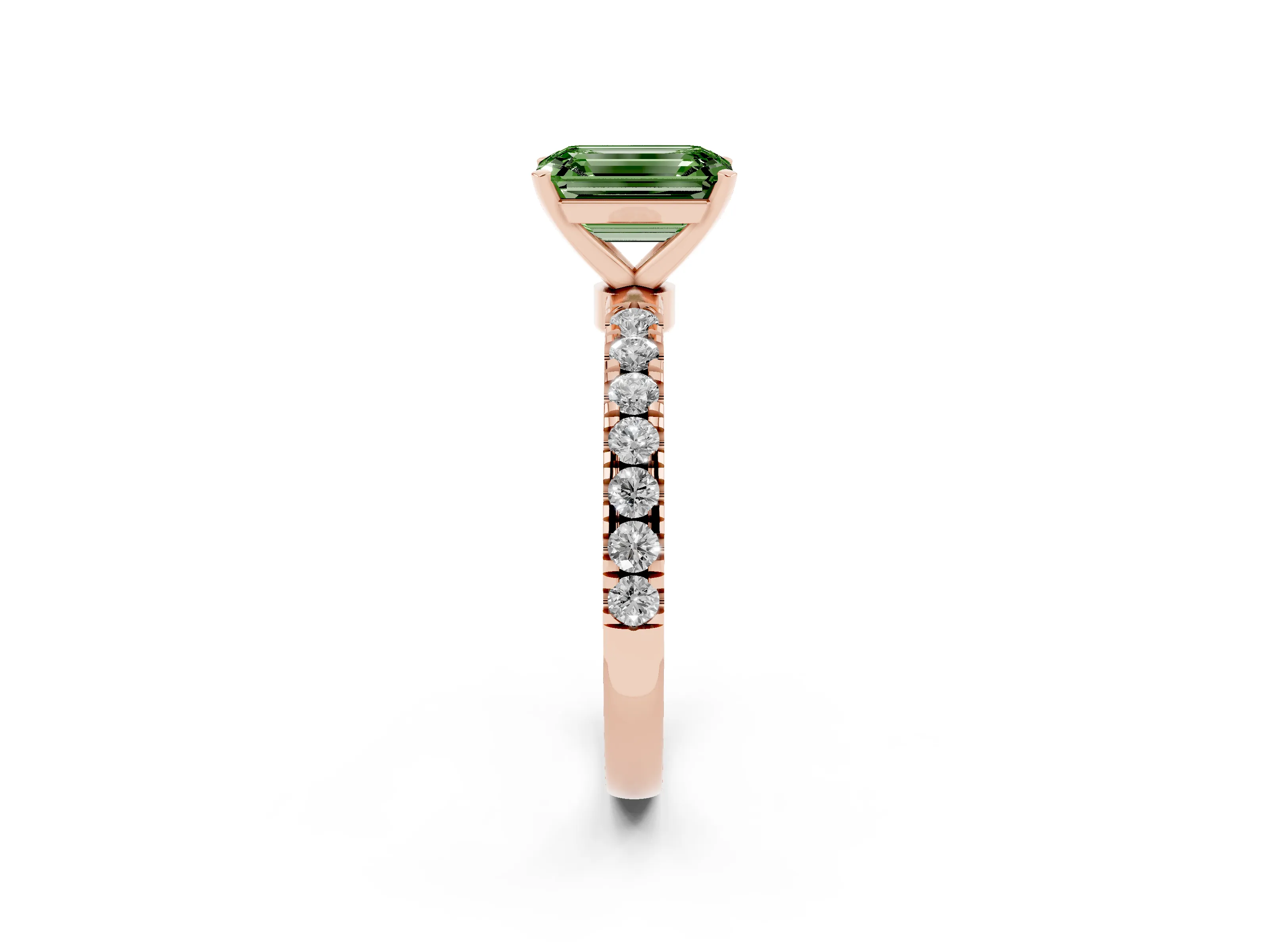 Fancy Green Emerald Cut Diamond Solitaire Ring Set in Rose gold with Pavé Accents and Prong Setting