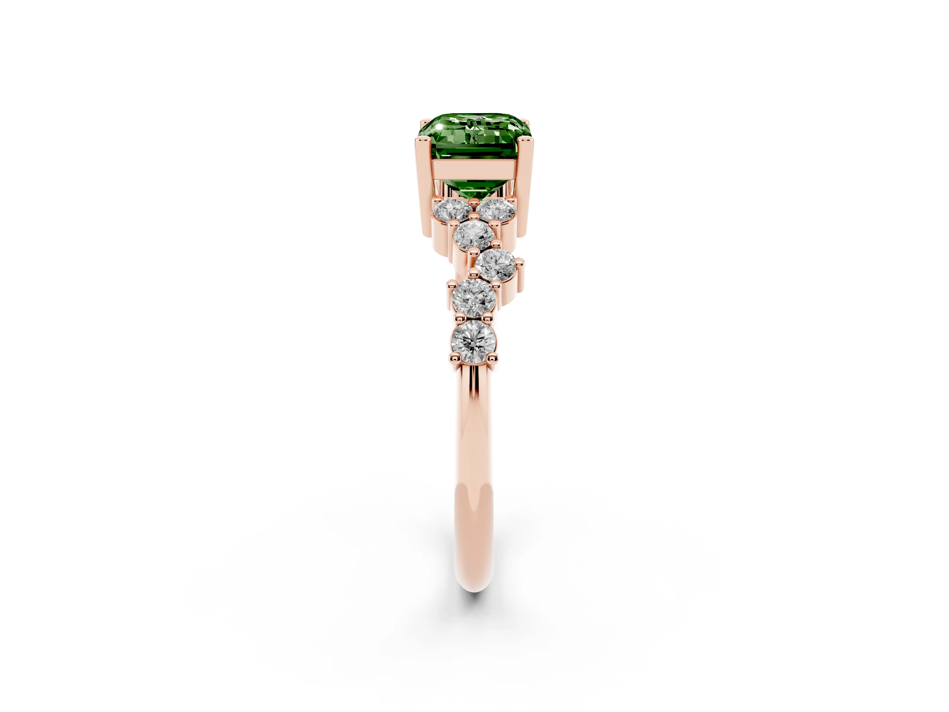 Fancy Green Emerald Cut Diamond Ring Set in Rose gold with Scattered Round Accents