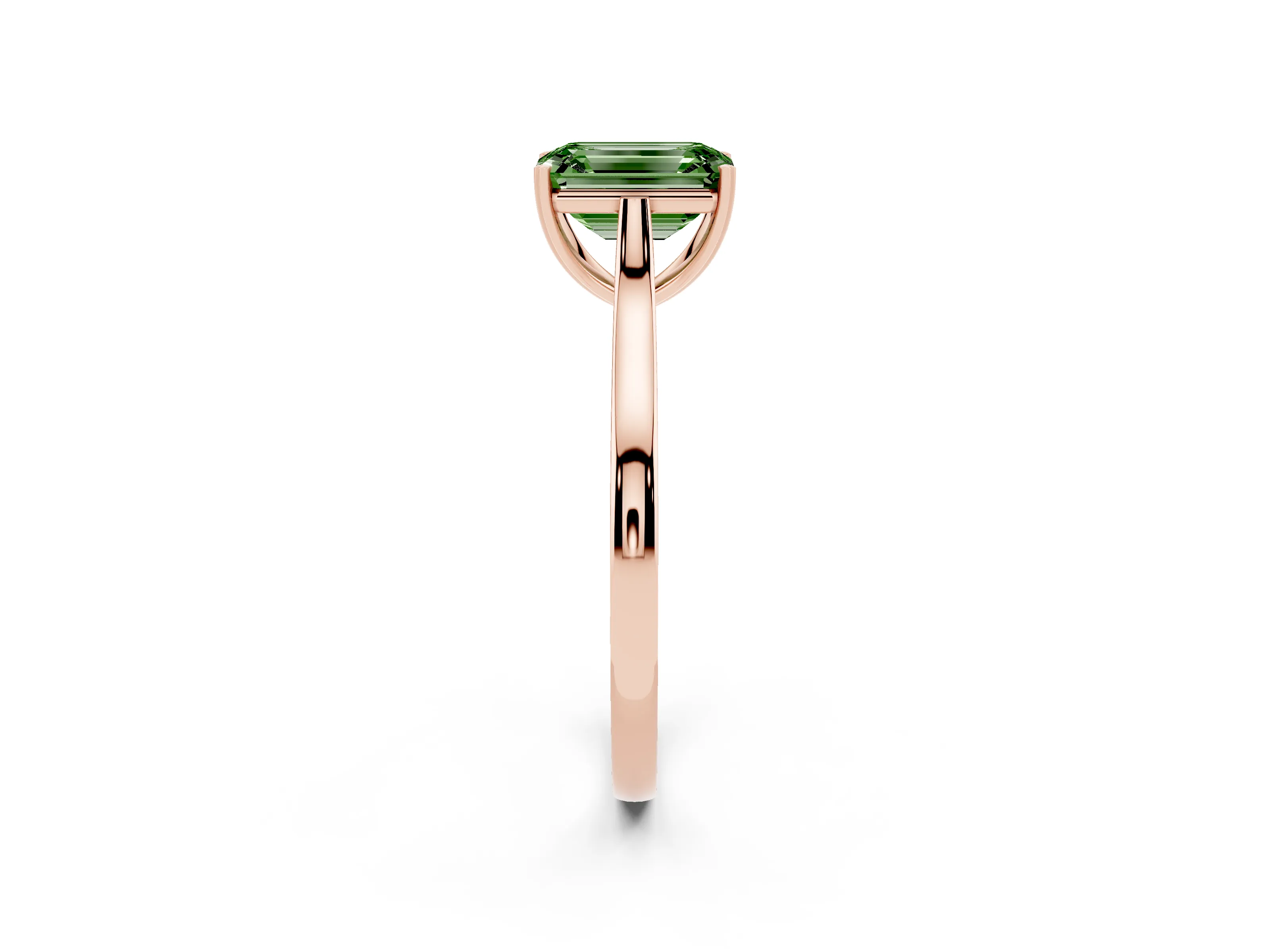 Fancy Green Emerald Cut Diamond Solitaire Heart Prong Engagement Ring Set in Rose gold with Tapered Band