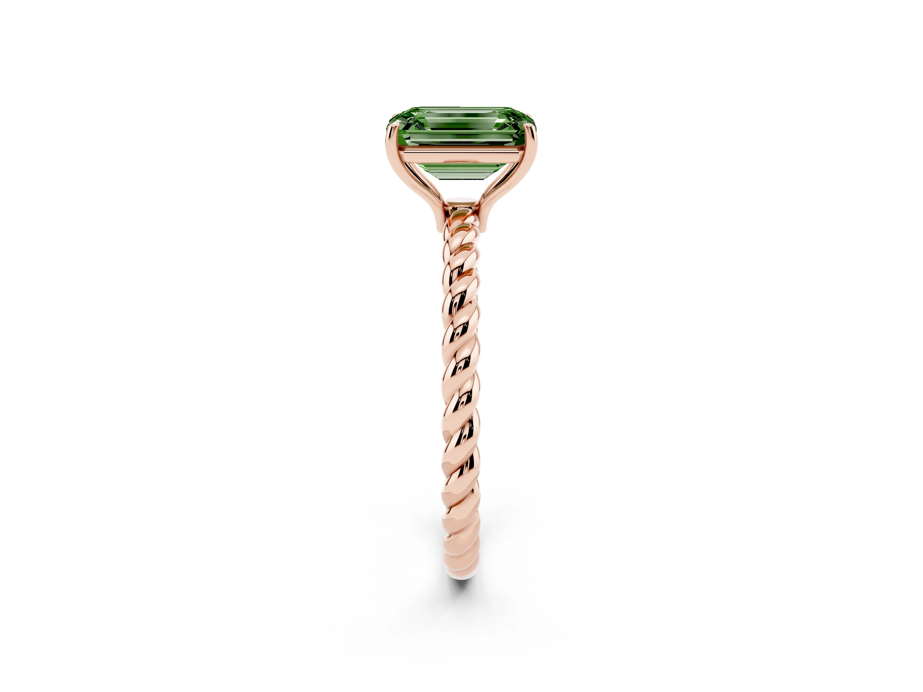 Fancy Green Emerald Cut Diamond Solitaire Ring Set in Rose gold with Twist Band and Prong Setting