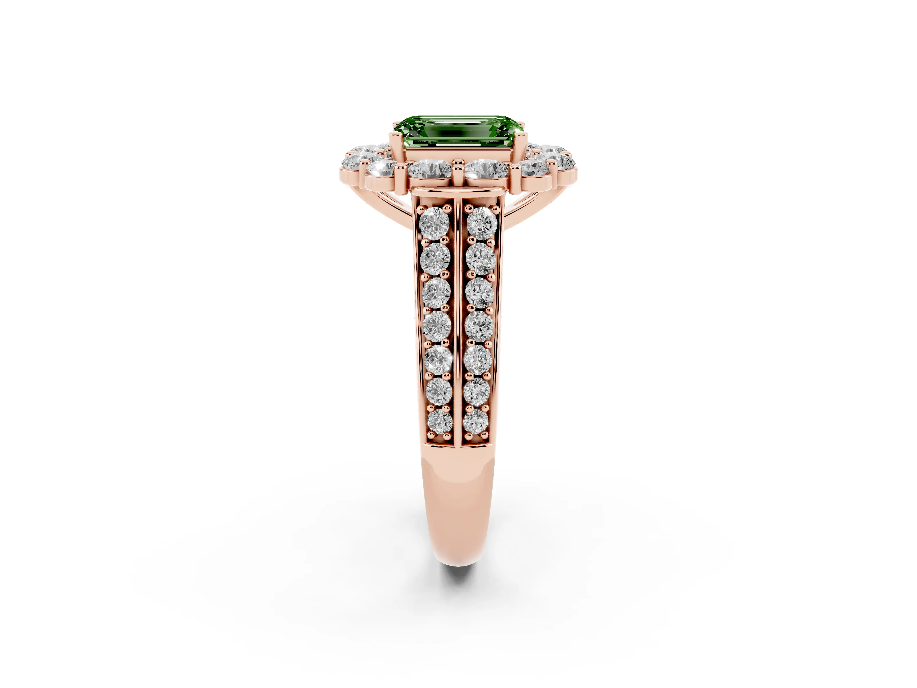 Fancy Green Emerald Cut Diamond Halo Engagement Ring Set in Rose gold with Split Shank and Prong Setting