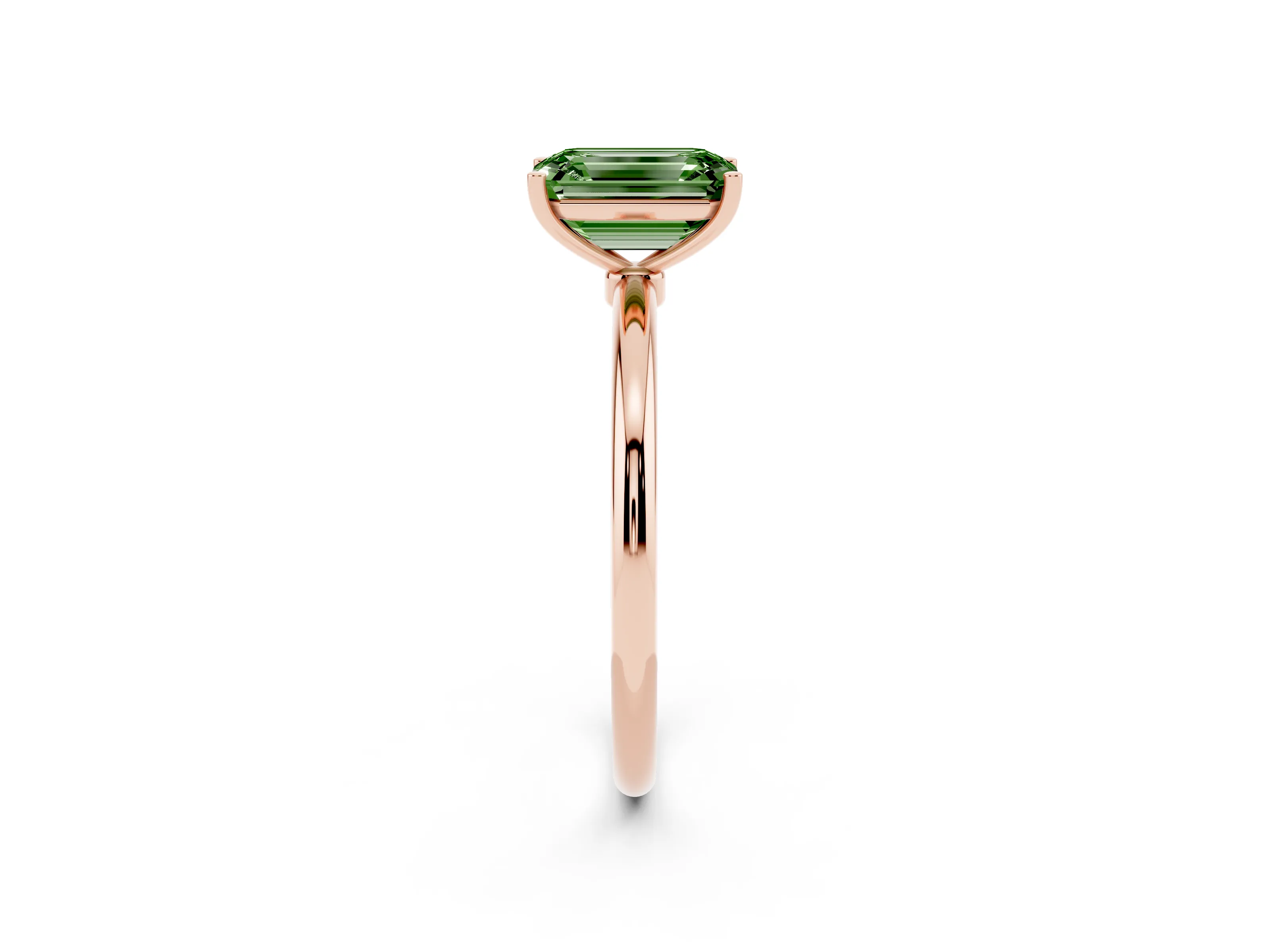 Fancy Green Emerald Cut Diamond Solitaire Engagement Ring Set in Rose gold with Thin Band and Prong Setting