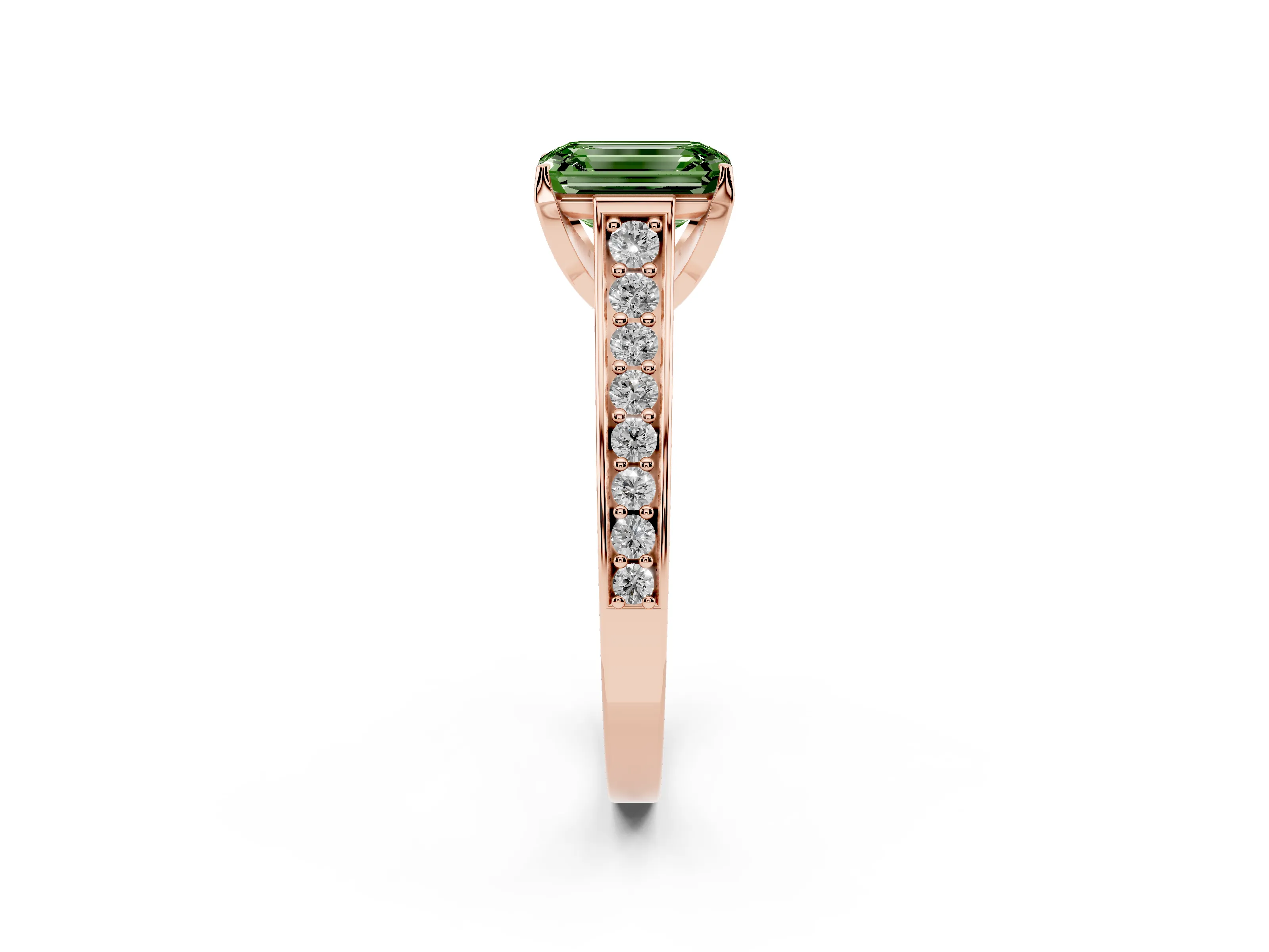 Fancy Green Emerald Cut Diamond Solitaire Pavé Engagement Ring Set in Rose gold with Prong Setting