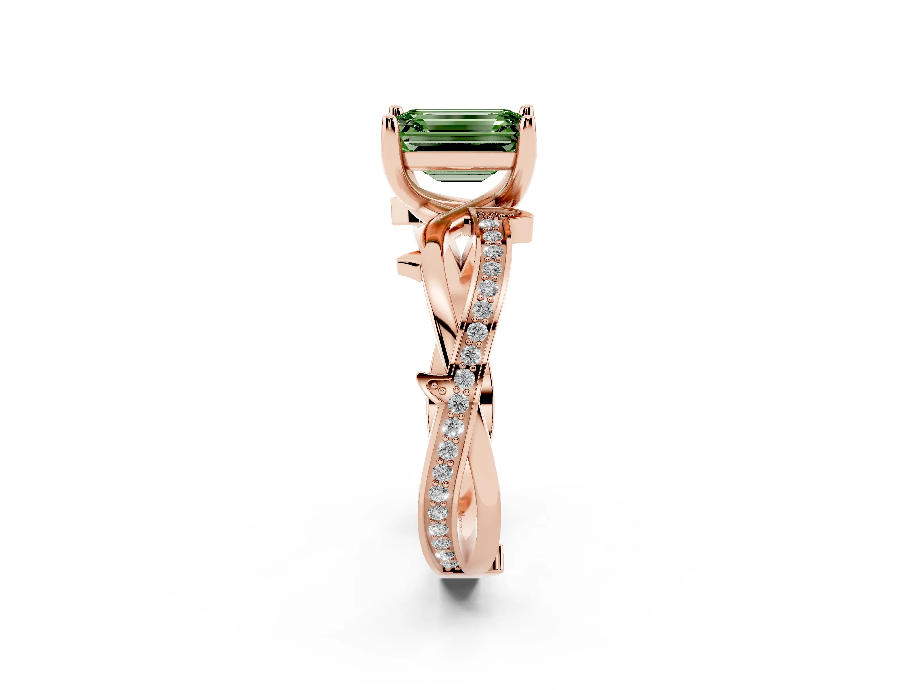 Fancy Green Emerald Cut Diamond Pavé Twist Band Solitaire Ring Set in Rose gold with Prong Setting