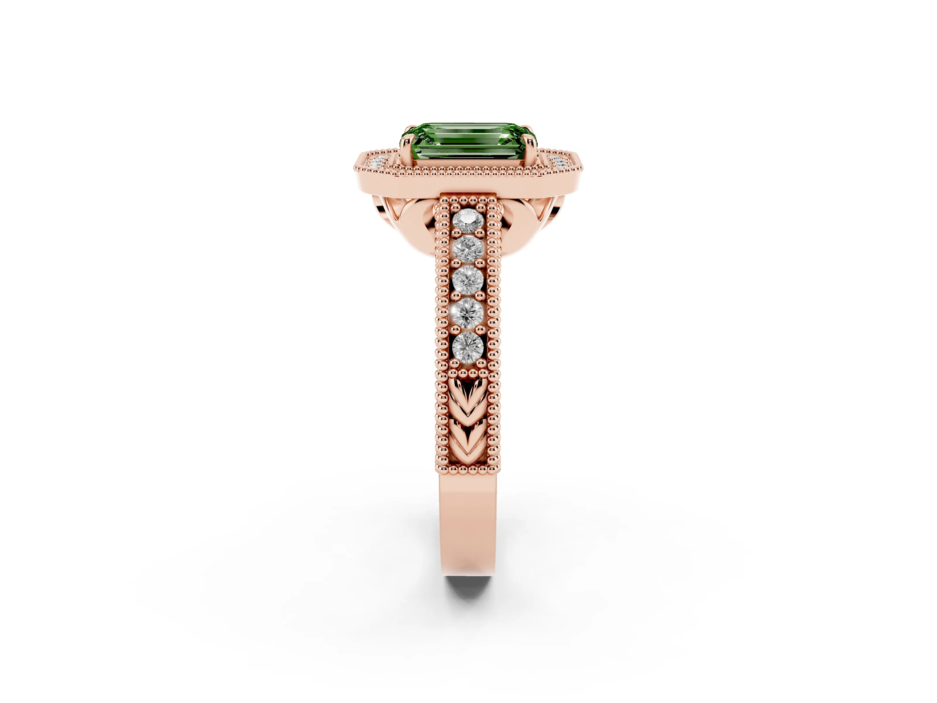 Fancy Green Emerald Cut Diamond Halo Ring Set in Rose gold with Round Accent Halo, Pavé Band and Prong Setting