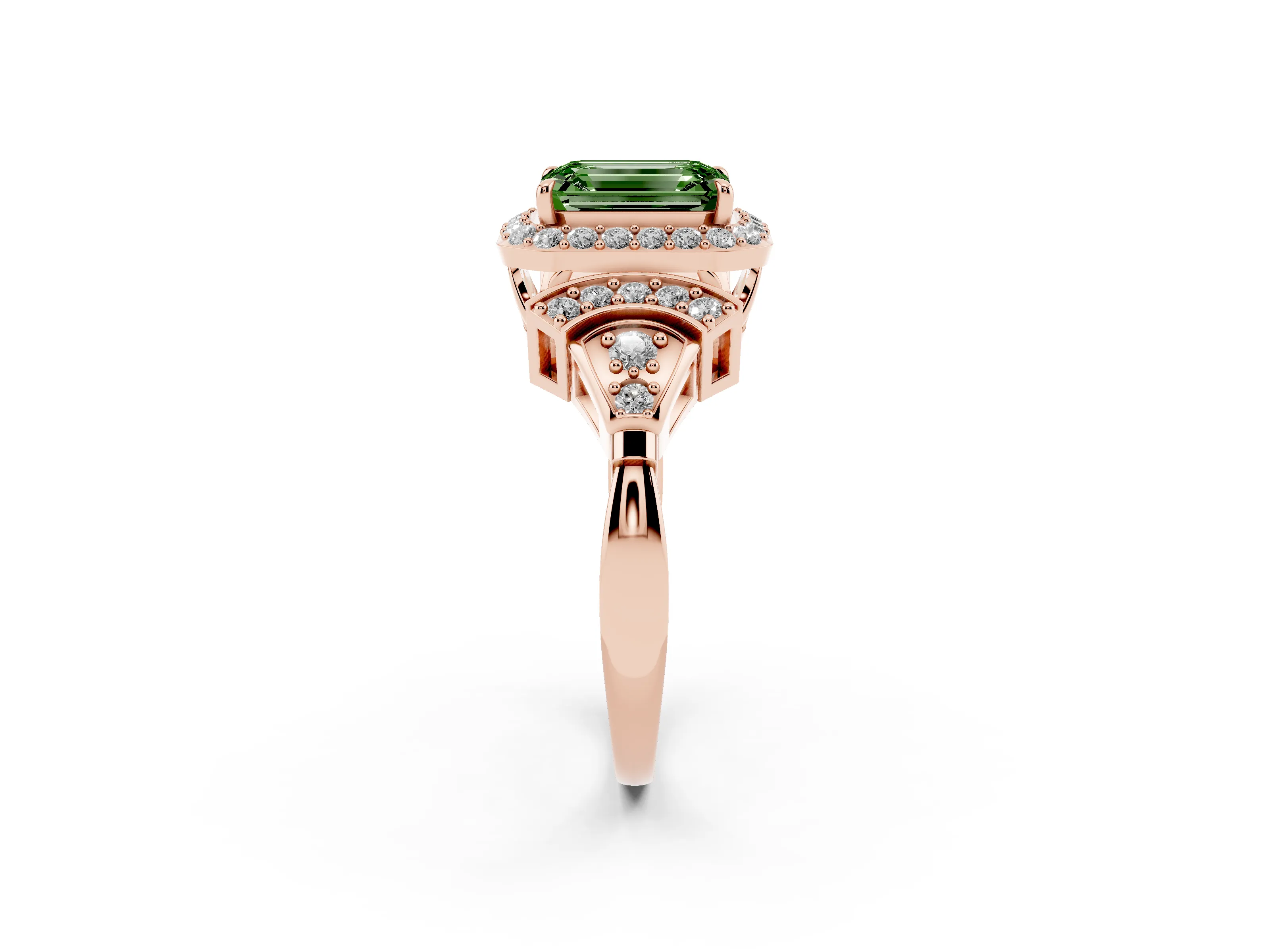 Fancy Green Emerald Cut Diamond Halo Engagement Ring Set in Rose gold with Accent Stone Split Shank