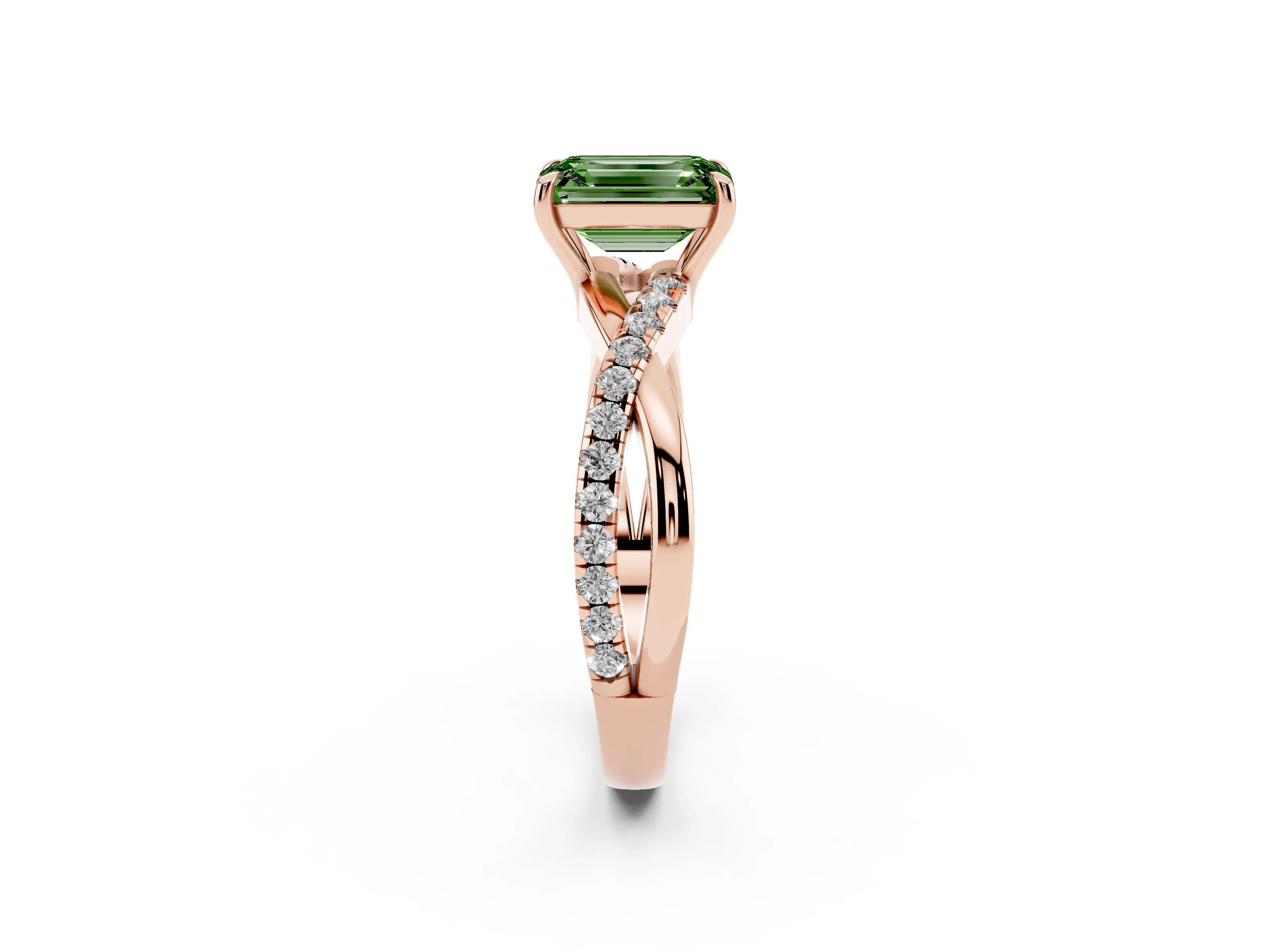 Fancy Green Emerald Cut Diamond Twisted Pavé Band Ring Set in Rose gold with Prong Setting