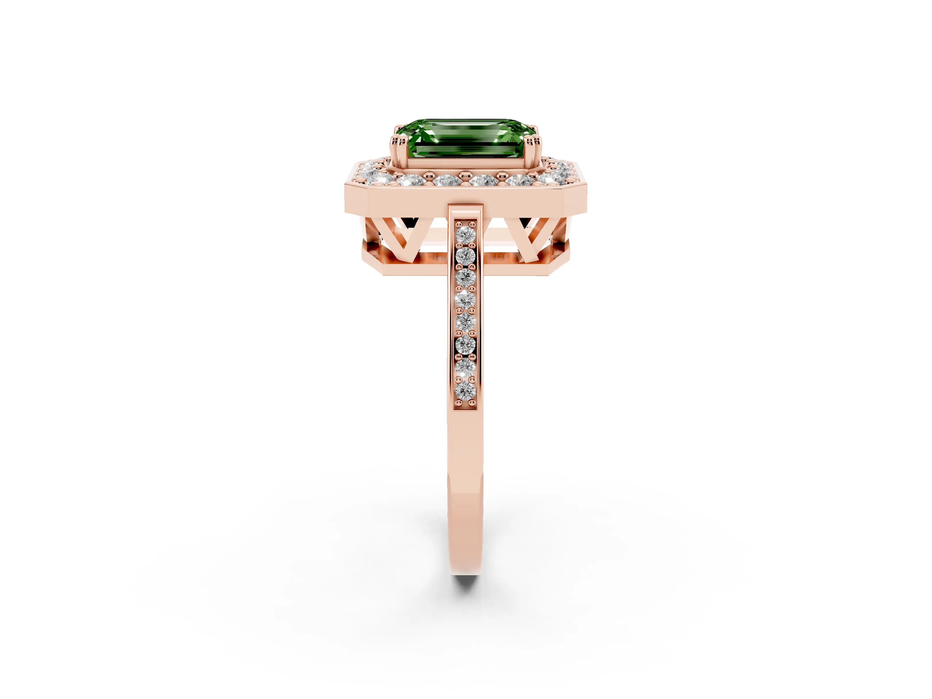 Fancy Green Emerald Cut Diamond Halo Ring Set in Rose gold with Accent-Lined Split Shank and Prong Setting