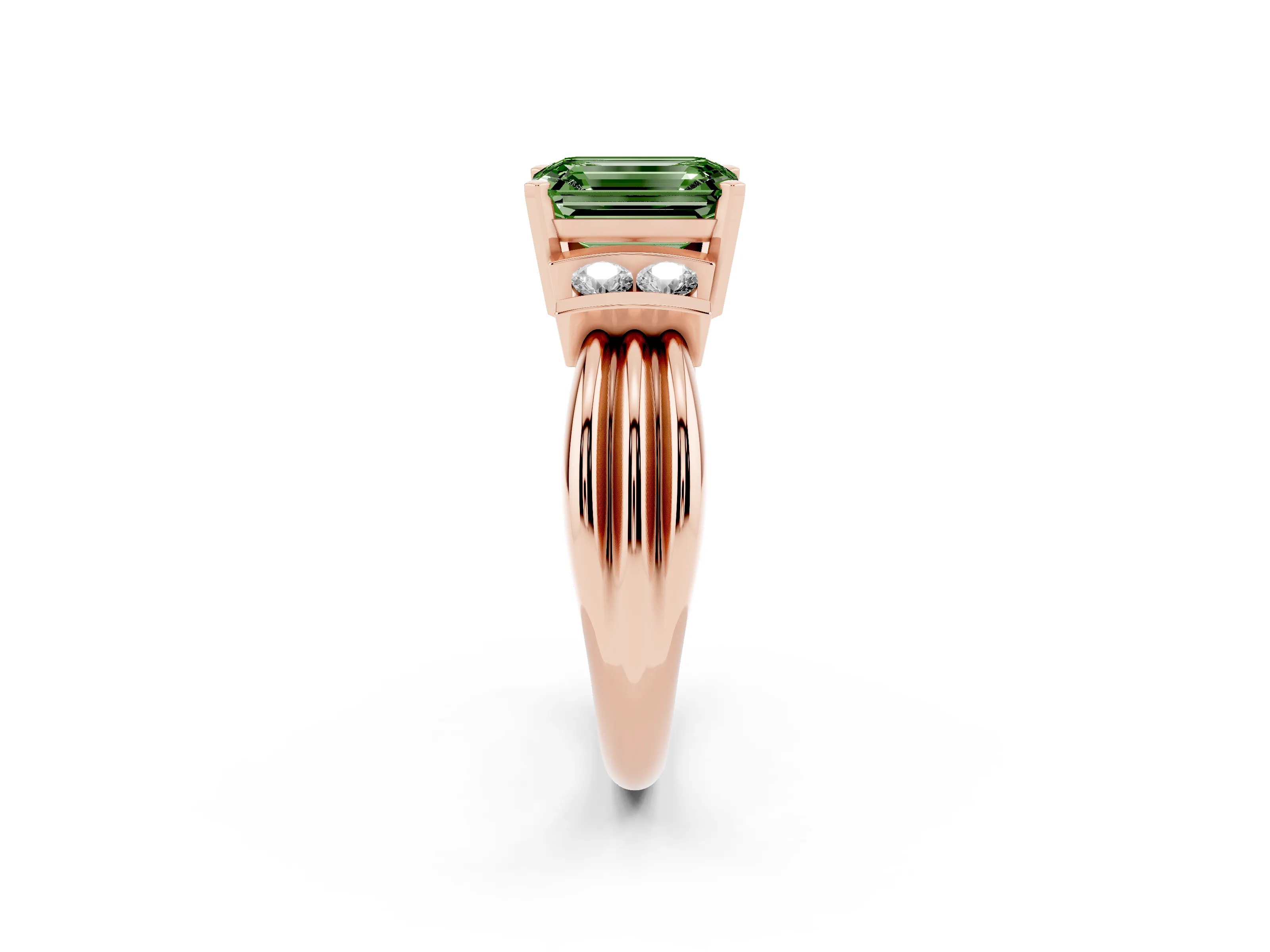 Fancy Green Three-Stone Emerald Cut Diamond Channel Set Ring Set in Rose gold with Bar Prongs