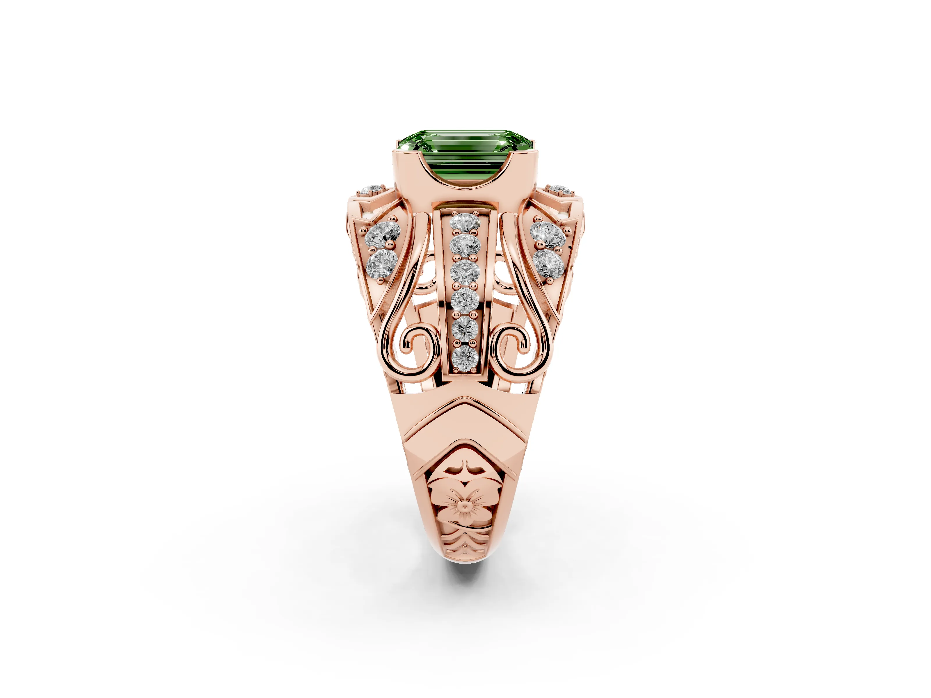 Fancy Green Emerald Cut Diamond Art Deco Ring Set in Rose gold with Pavé Split Shank