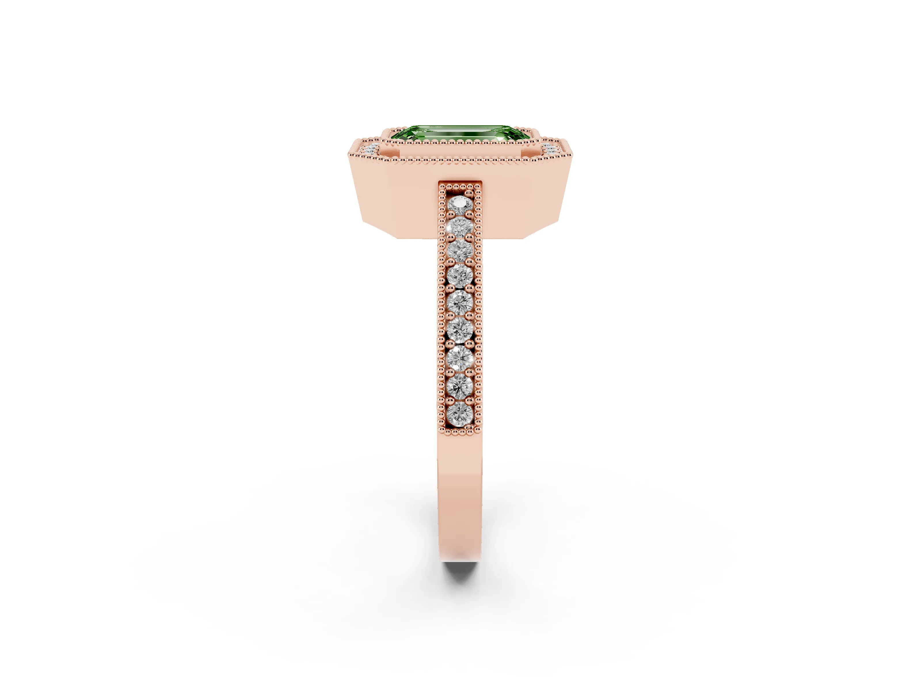 Fancy Green Emerald Cut Diamond Halo Engagement Ring Set in Rose gold with Pavé Band and Round Halo Stones