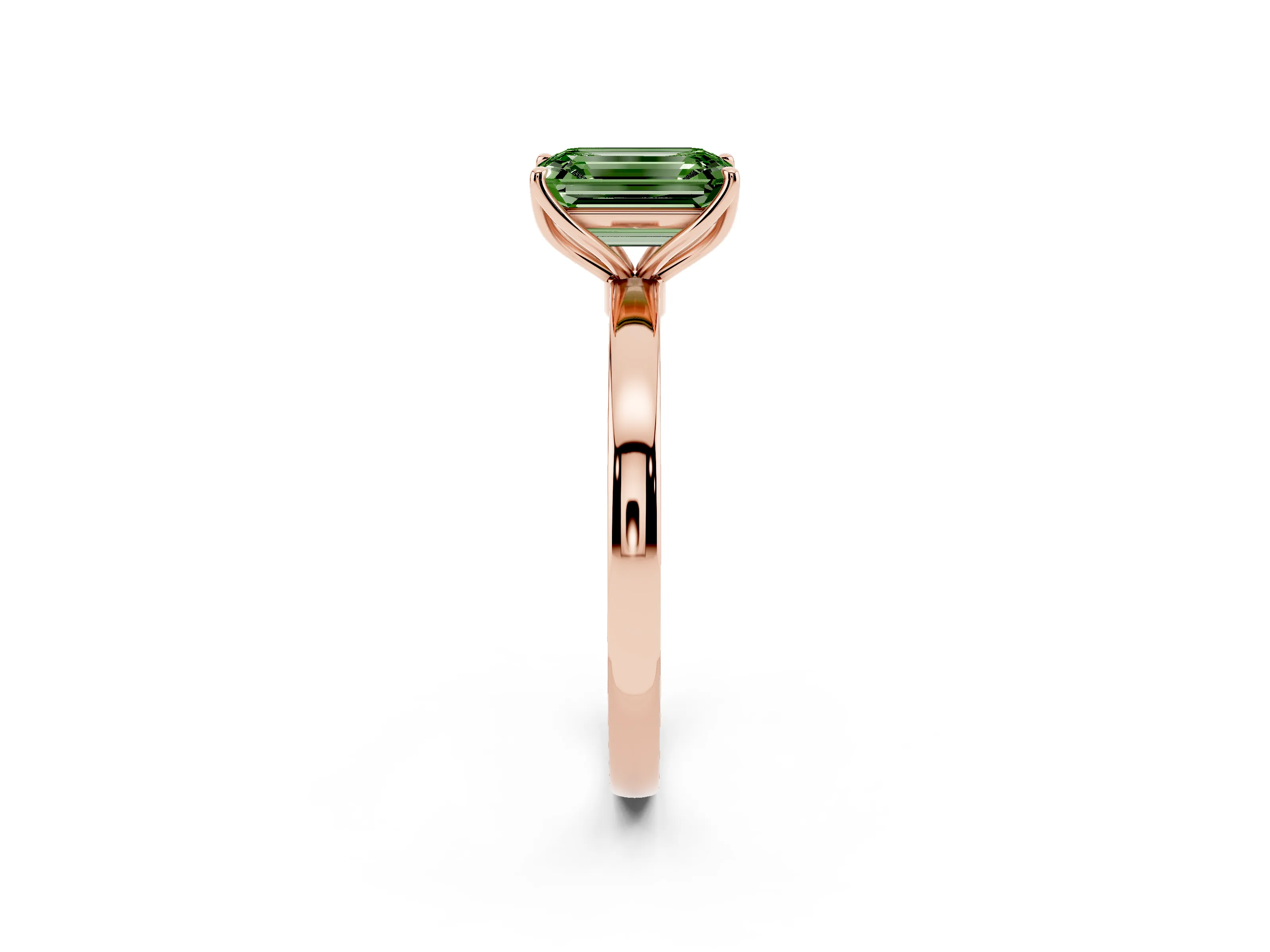 Fancy Green Emerald Cut Diamond Solitaire Ring Set in Rose gold with Prong Setting and Thin Polished Band