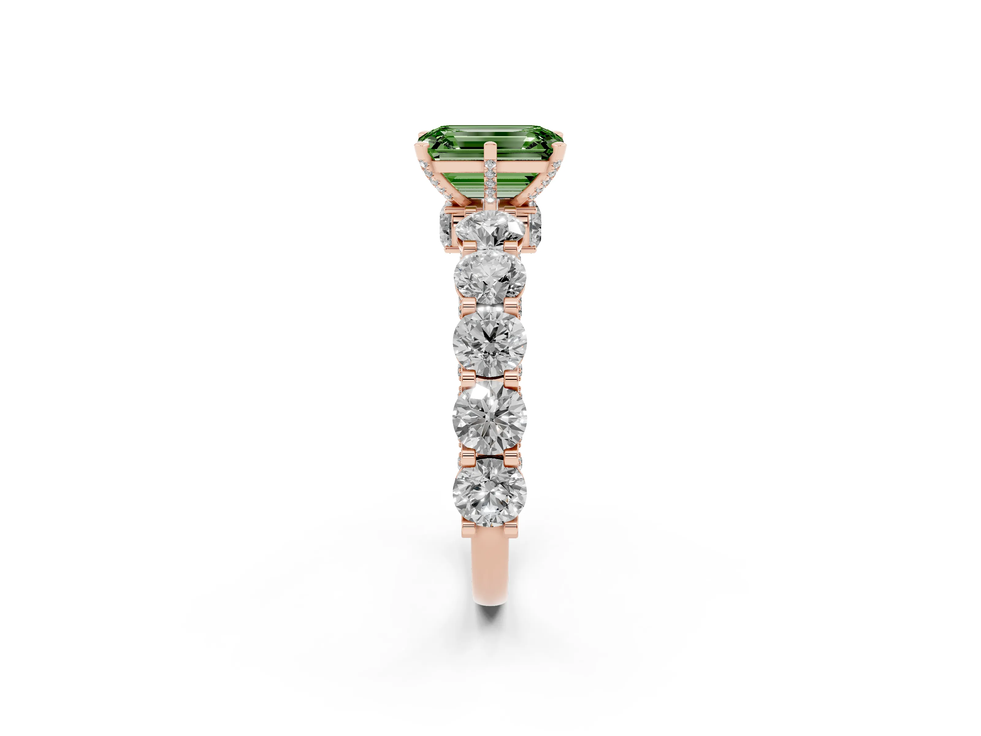 Fancy Green Emerald Cut Diamond Side Stone Ring Set in Rose gold with Alternating Round and Oval Side Stones