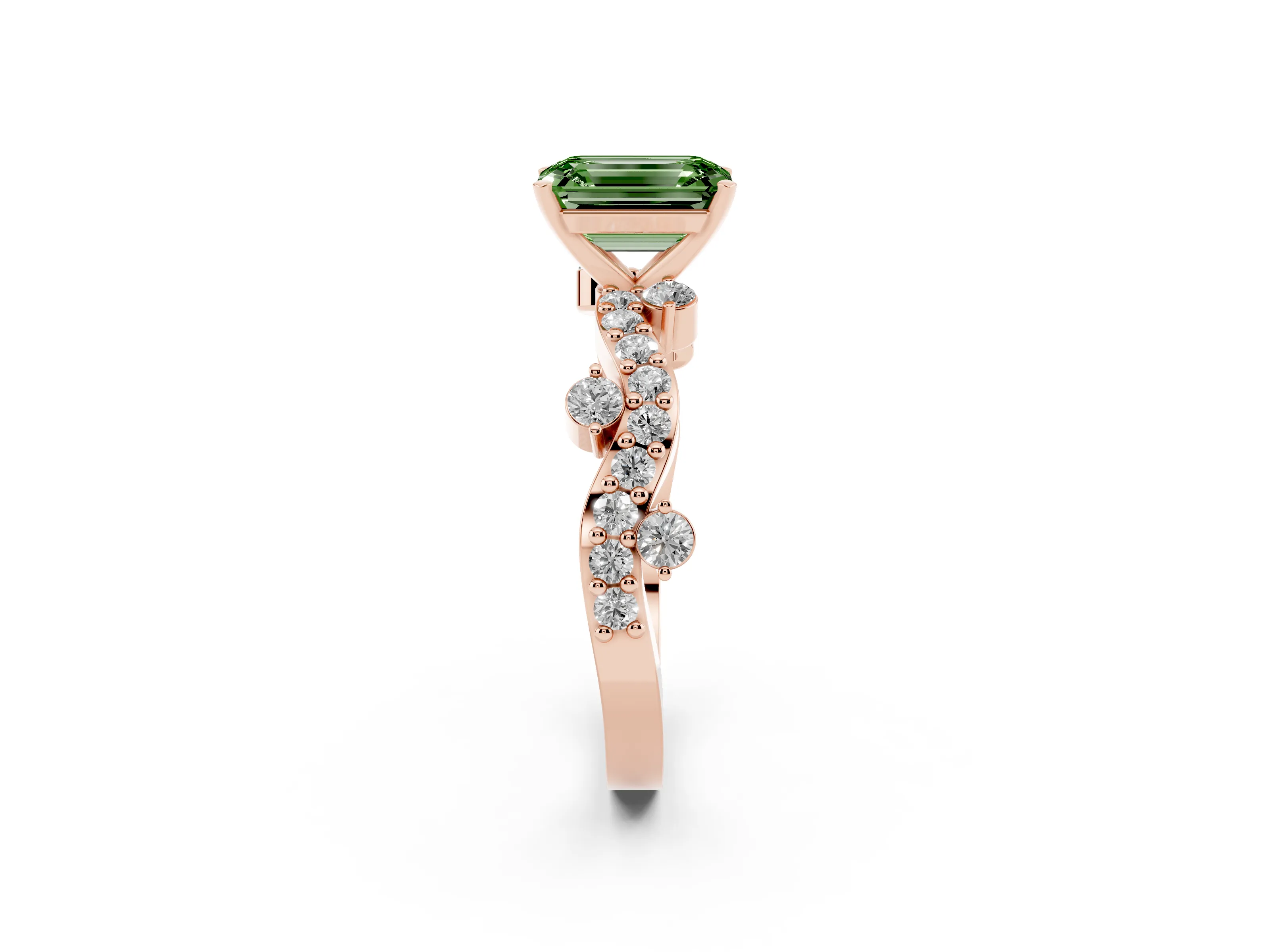 Fancy Green Emerald Cut Diamond Solitaire Twisted Band Set in Rose gold with Pavé Setting