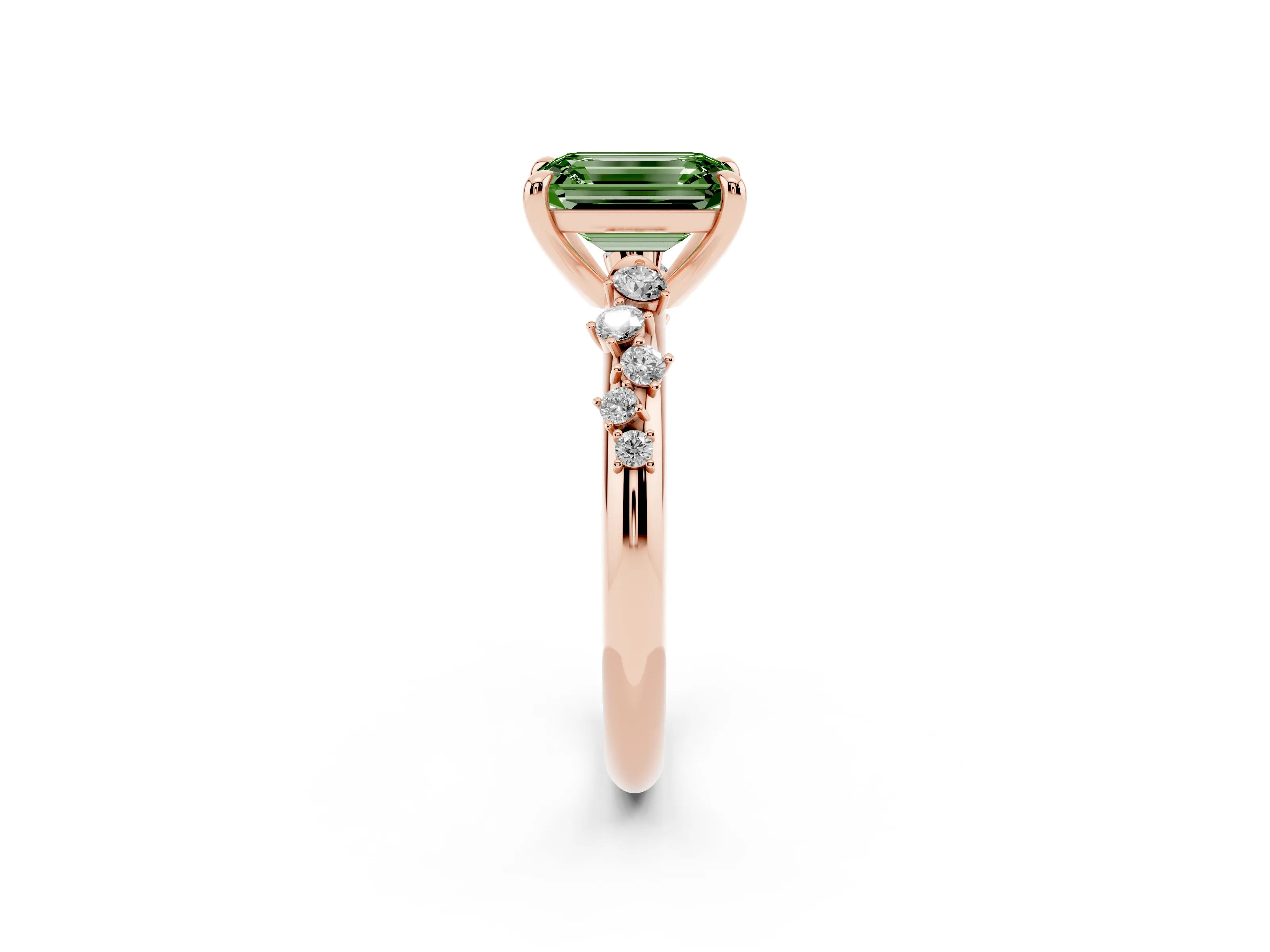 Fancy Green Emerald Cut Diamond Solitaire Vine Band Ring Set in Rose gold with Round Accents and Prong Setting