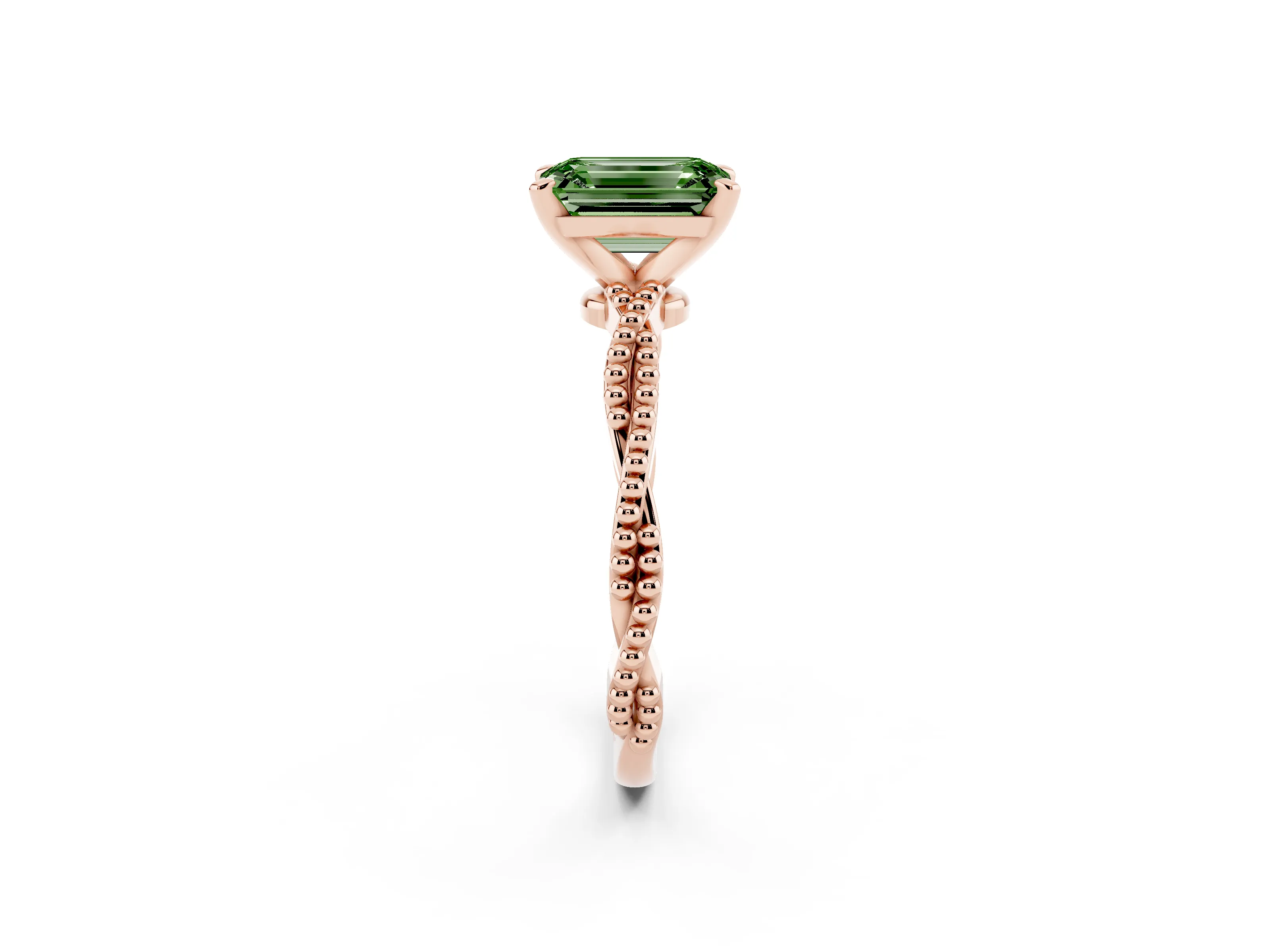 Fancy Green Emerald Cut Diamond Solitaire Ring Set in Rose gold with Twisted Band and Bead Prong Setting