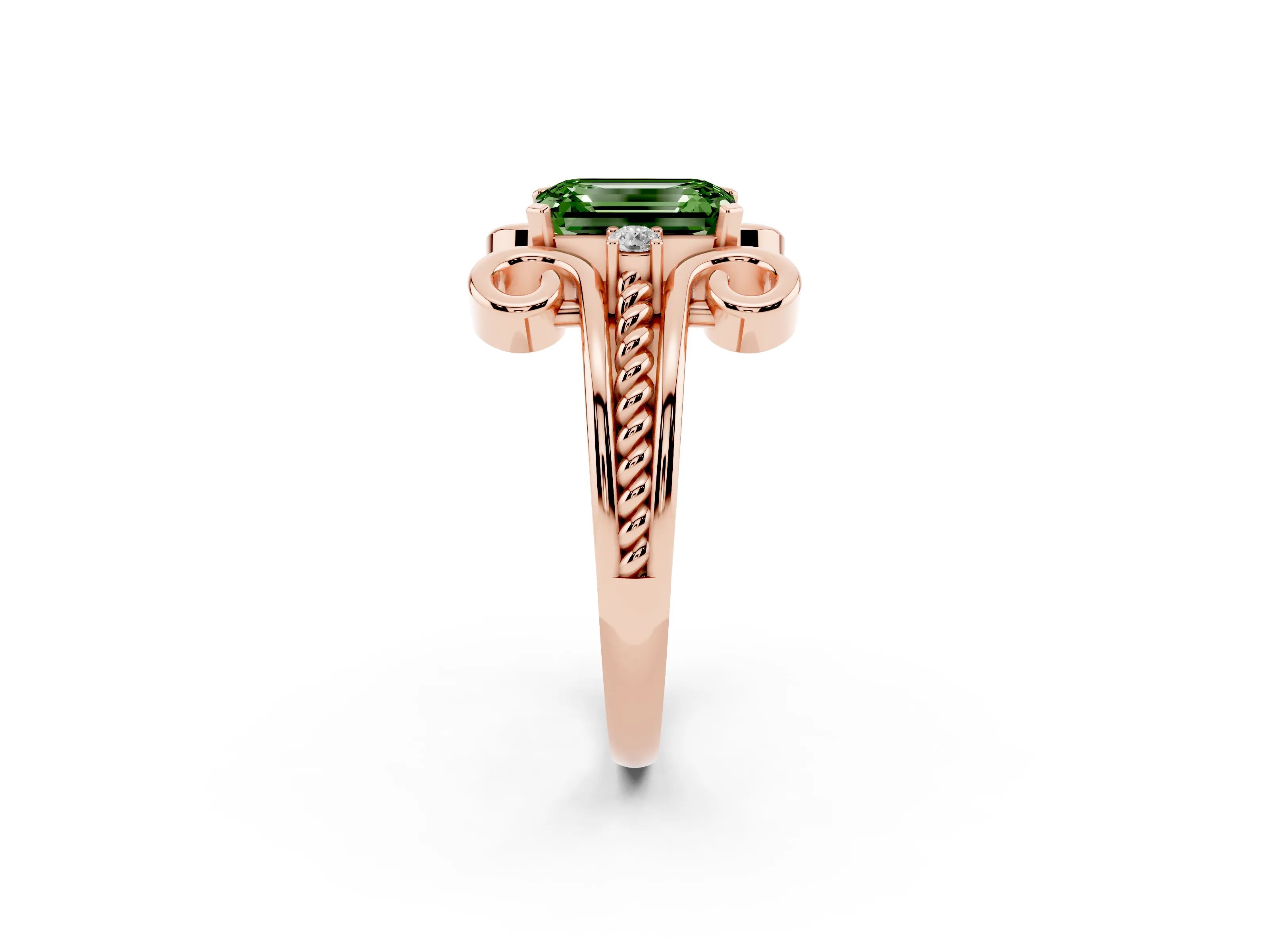 Fancy Green Emerald Cut Diamond Twisted Band Solitaire Ring Set in Rose gold with Scroll Prongs