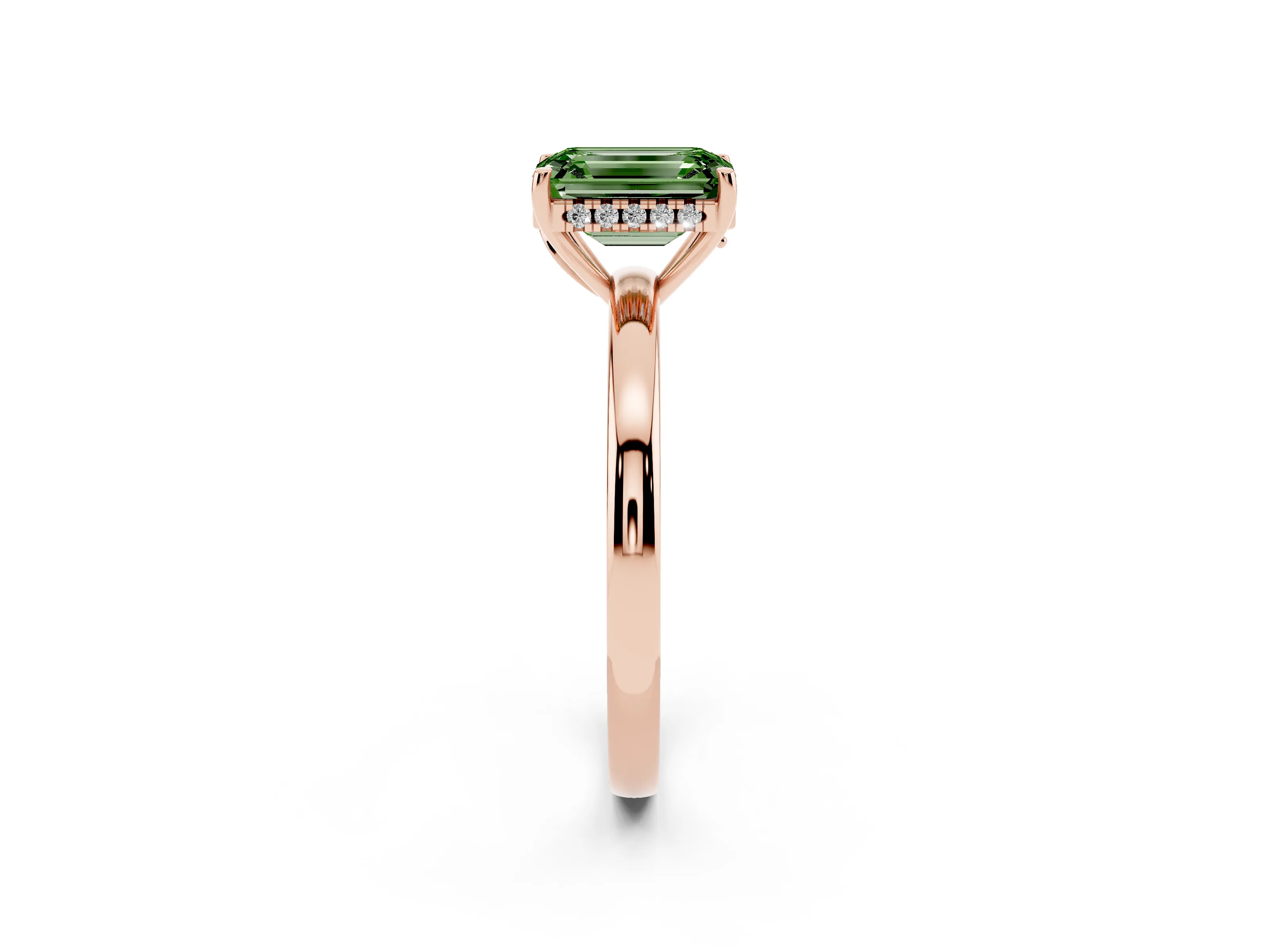 Fancy Green Emerald Cut Diamond Solitaire Ring Set in Rose gold with Plain Band and Prong Setting