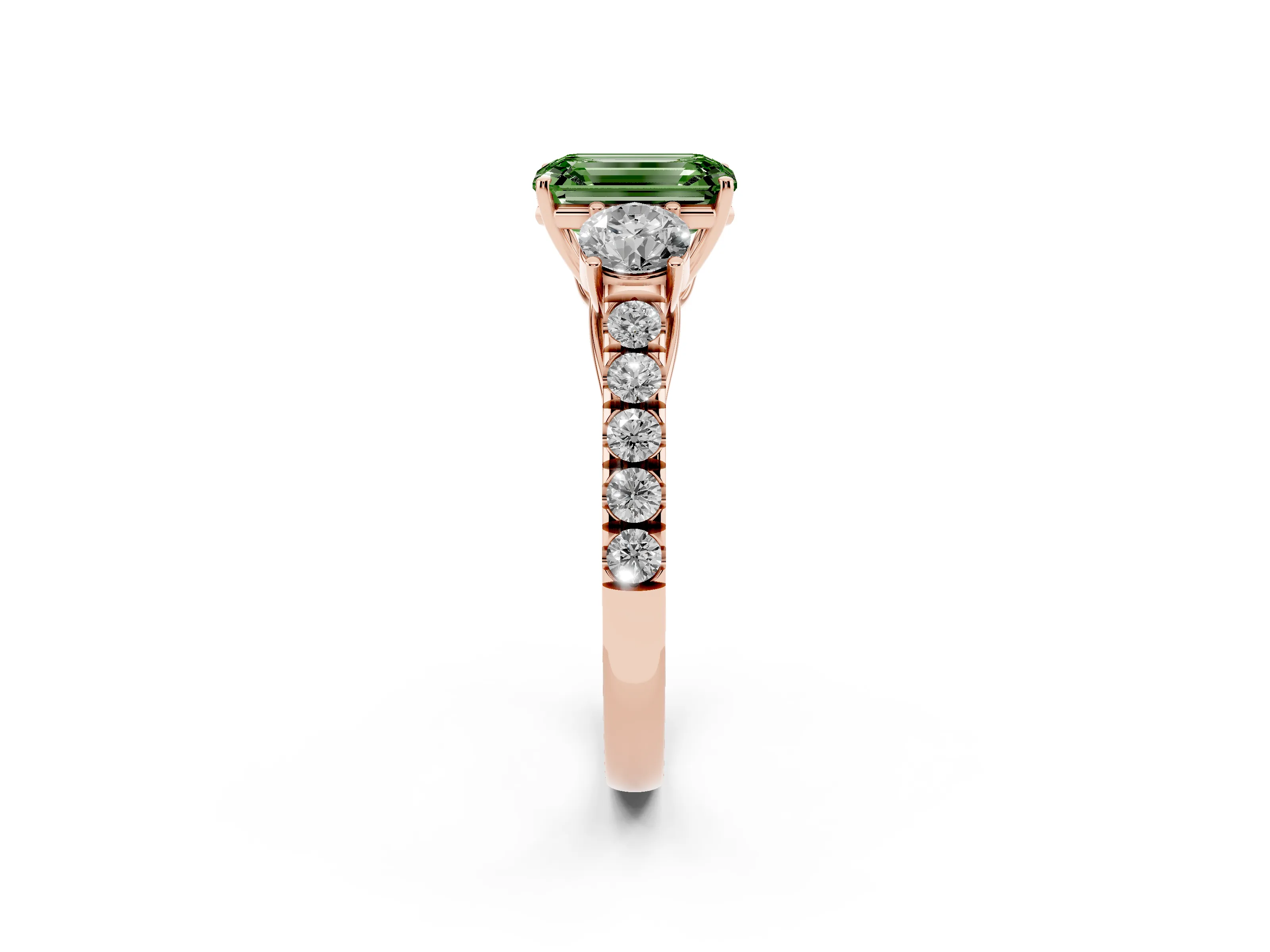 Fancy Green Emerald Cut Diamond Three-Stone Ring Set in Rose gold with Round Side Stones and Delicate Pavé Band