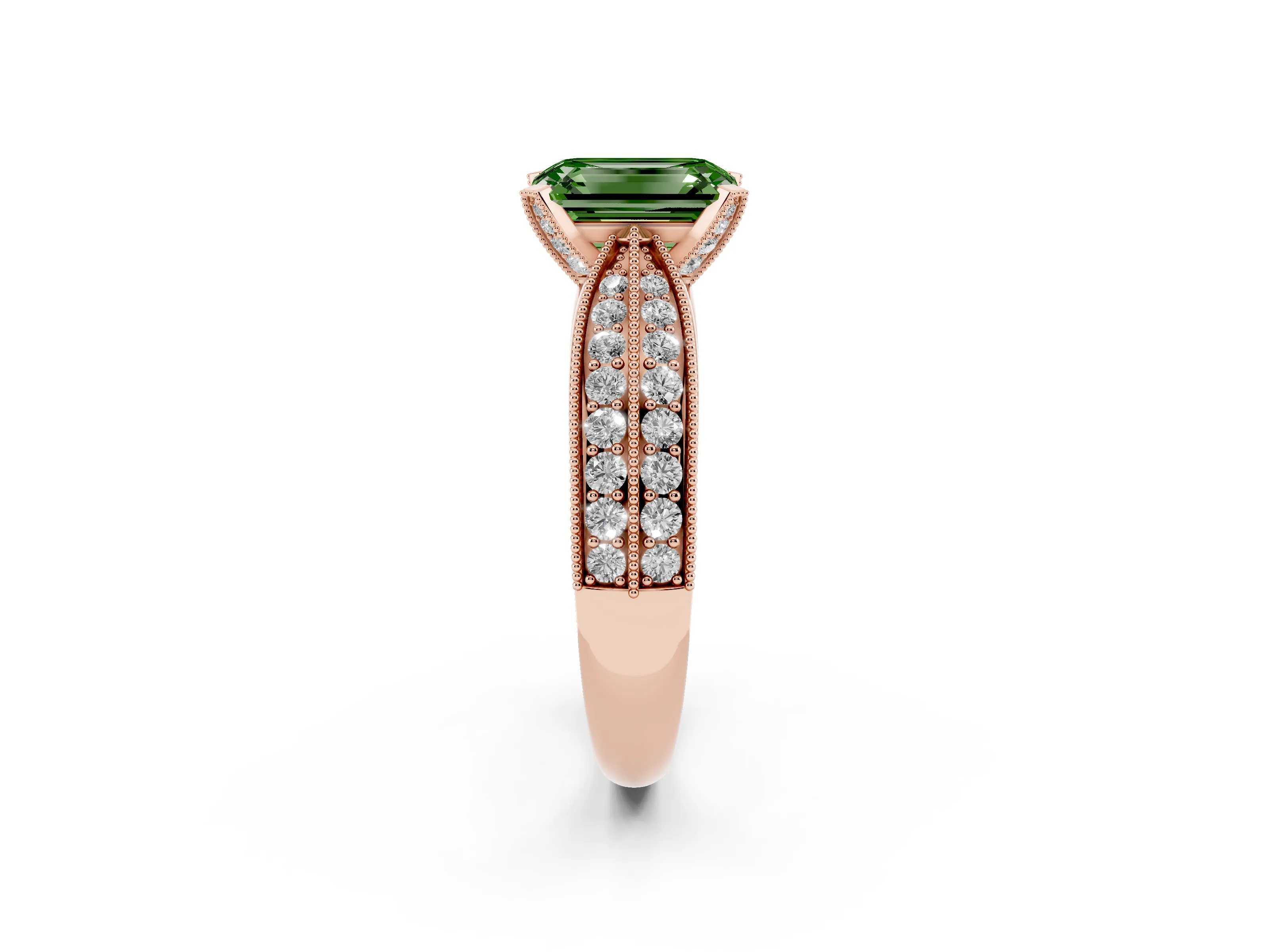 Fancy Green Emerald Cut Diamond Solitaire Ring Set in Rose gold with Milgrain Double Row Round Pavé Band