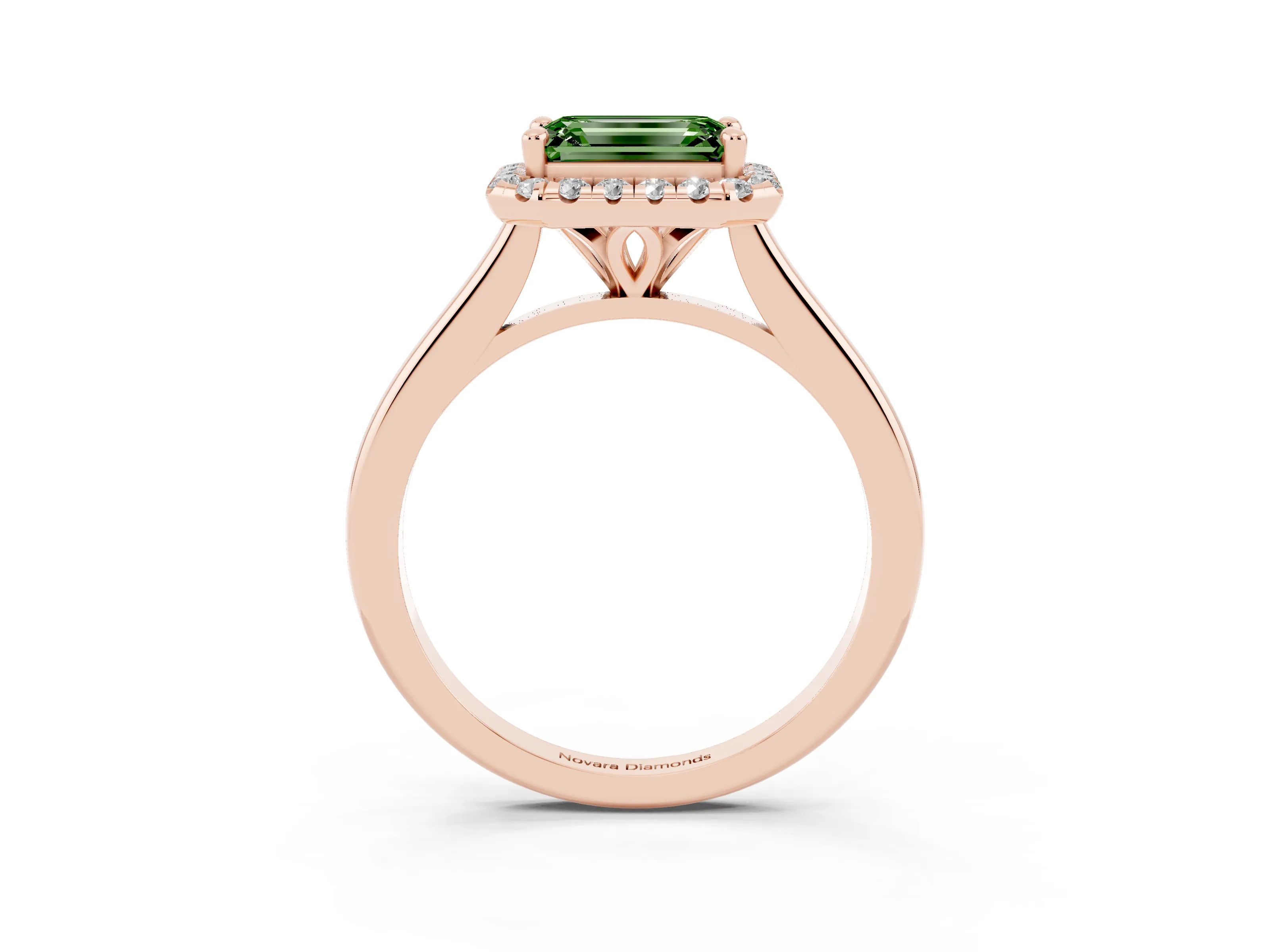 Fancy Green Emerald Cut Diamond Halo Engagement Ring Set in Rose gold with Pavé Band and Rising Shoulders