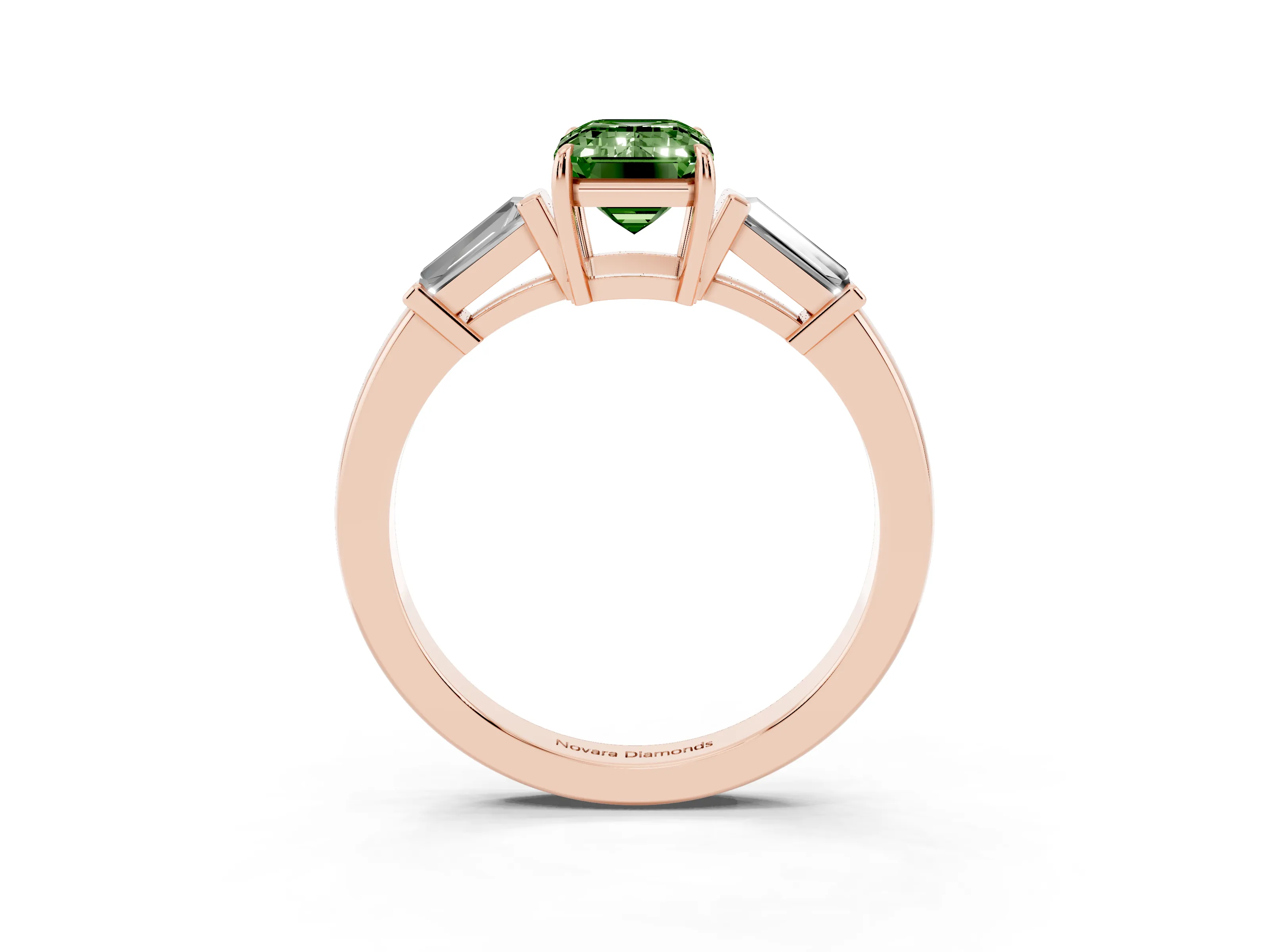 Fancy Green Emerald Cut Diamond Three-Stone Ring Set in Rose gold with Tapered Baguette Side Stones and Prong Setting