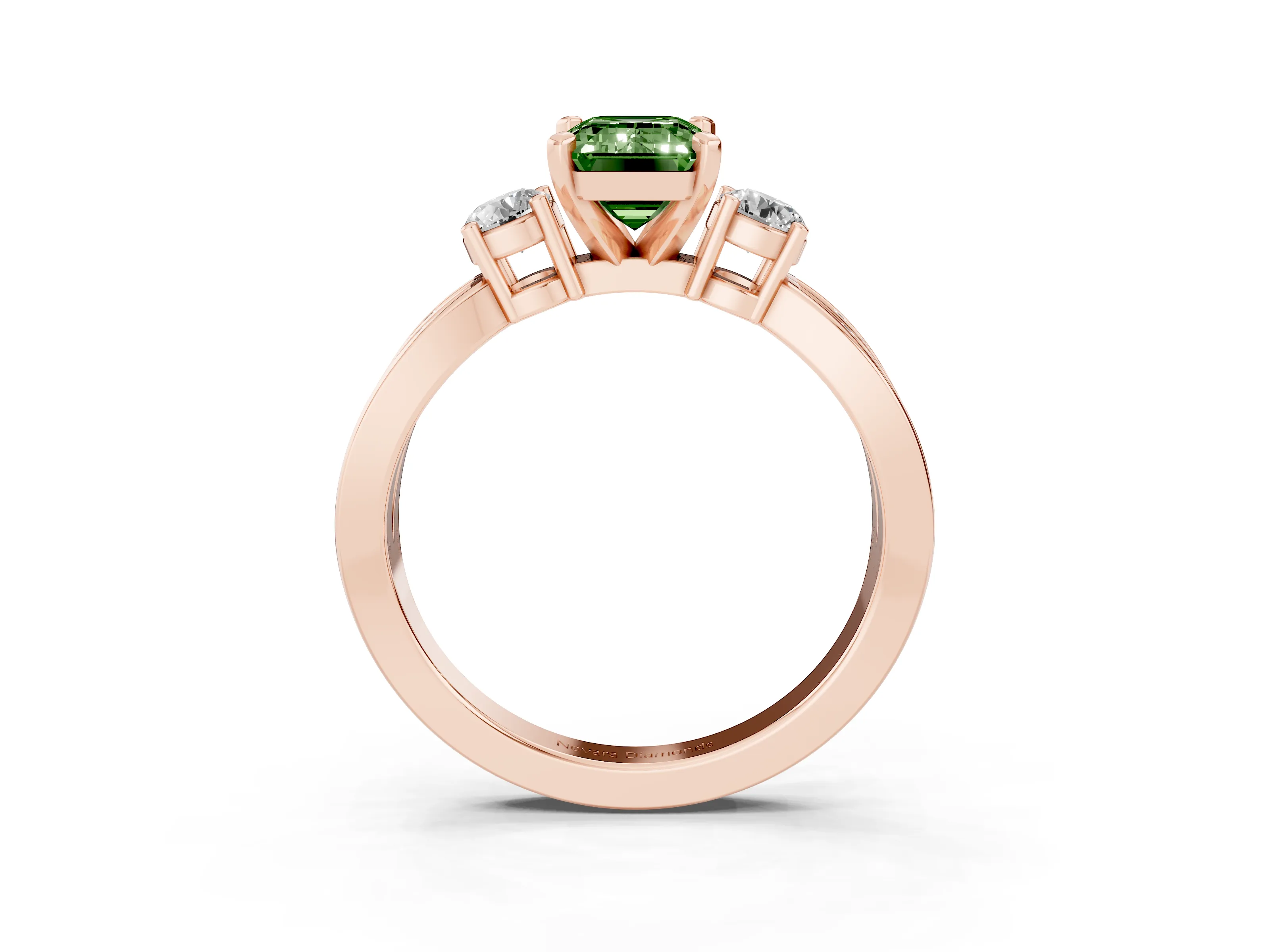 Fancy Green Three-Stone Emerald Cut Diamond Twist Band Ring Set in Rose gold with Pavé Accents and Prong Setting