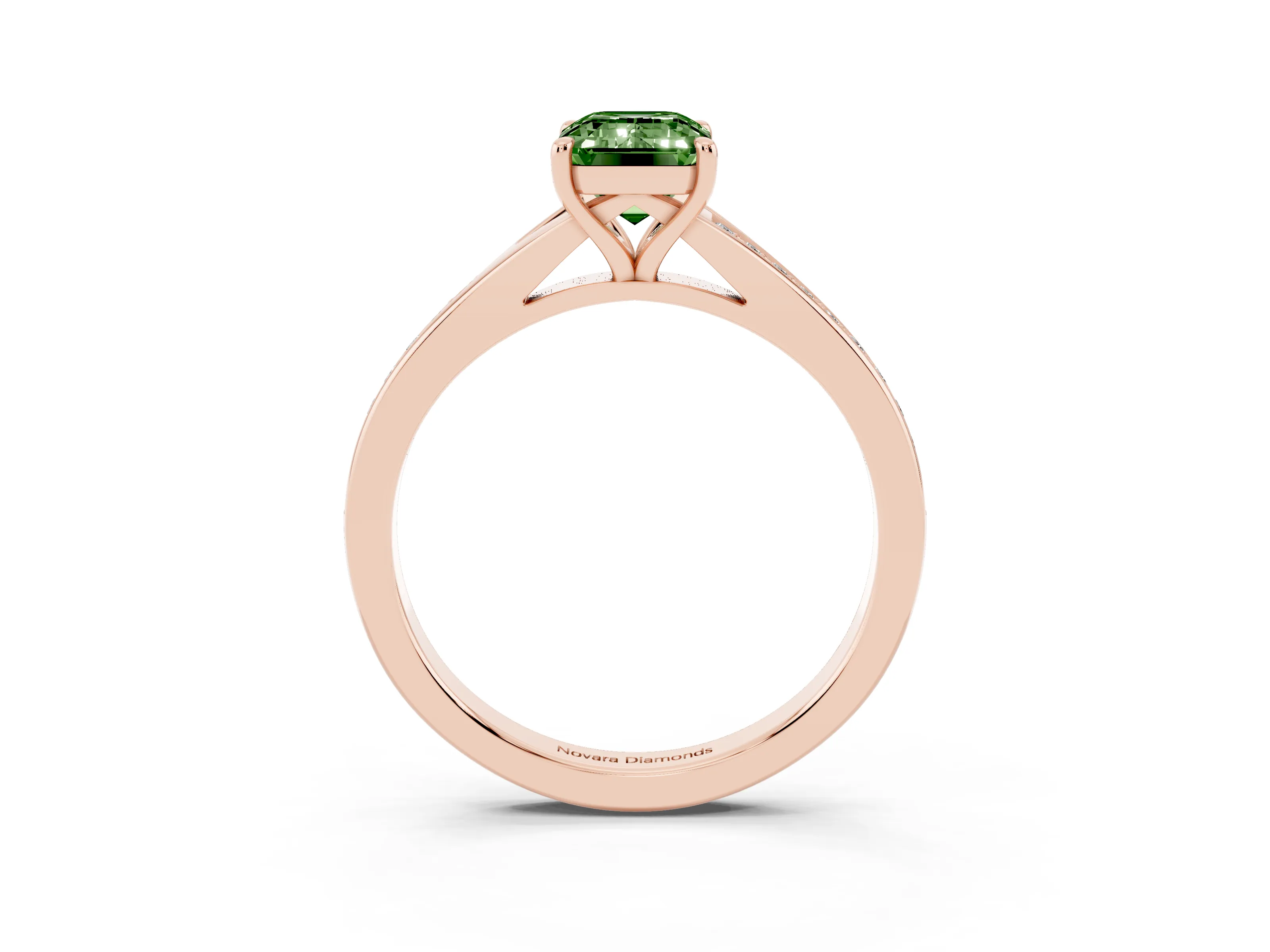 Fancy Green Emerald Cut Diamond Solitaire Ring Set in Rose gold with Pavé Accent Band and Classic Prong Setting