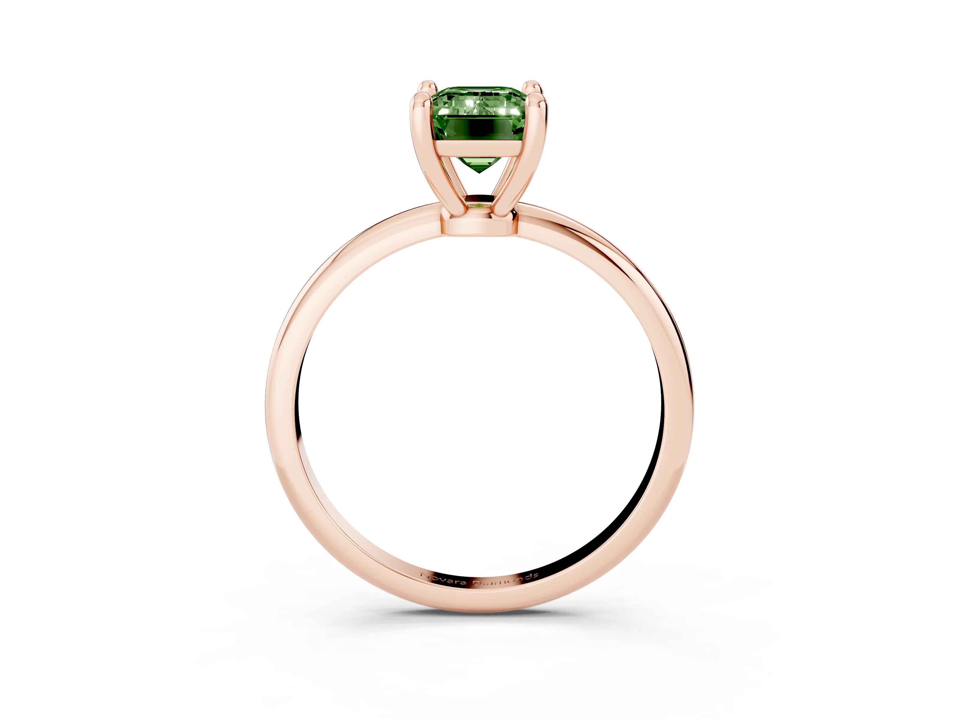 Fancy Green Emerald Cut Diamond Solitaire Ring Set in Rose gold with Secure Prong Setting on a Classic Band