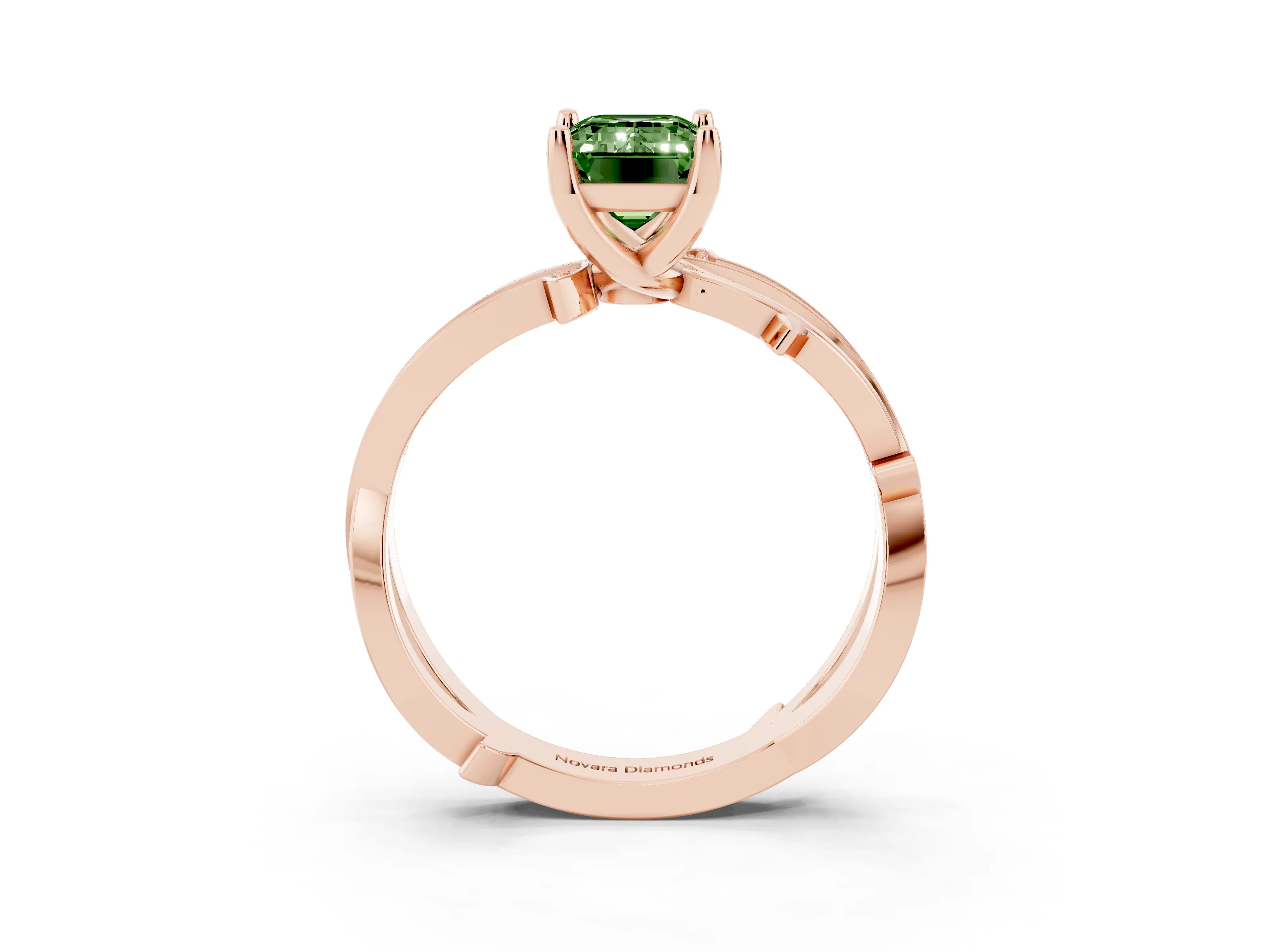 Fancy Green Emerald Cut Diamond Pavé Twist Band Solitaire Ring Set in Rose gold with Prong Setting