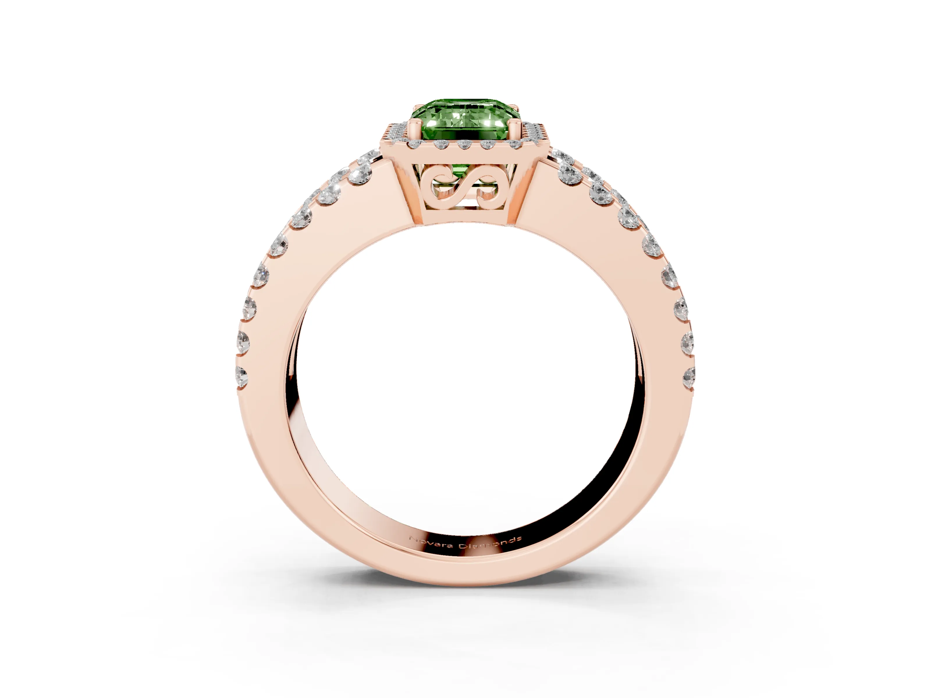 Fancy Green Emerald Cut Diamond Halo Ring Set in Rose gold with Pavé Split Shank and Prong Setting