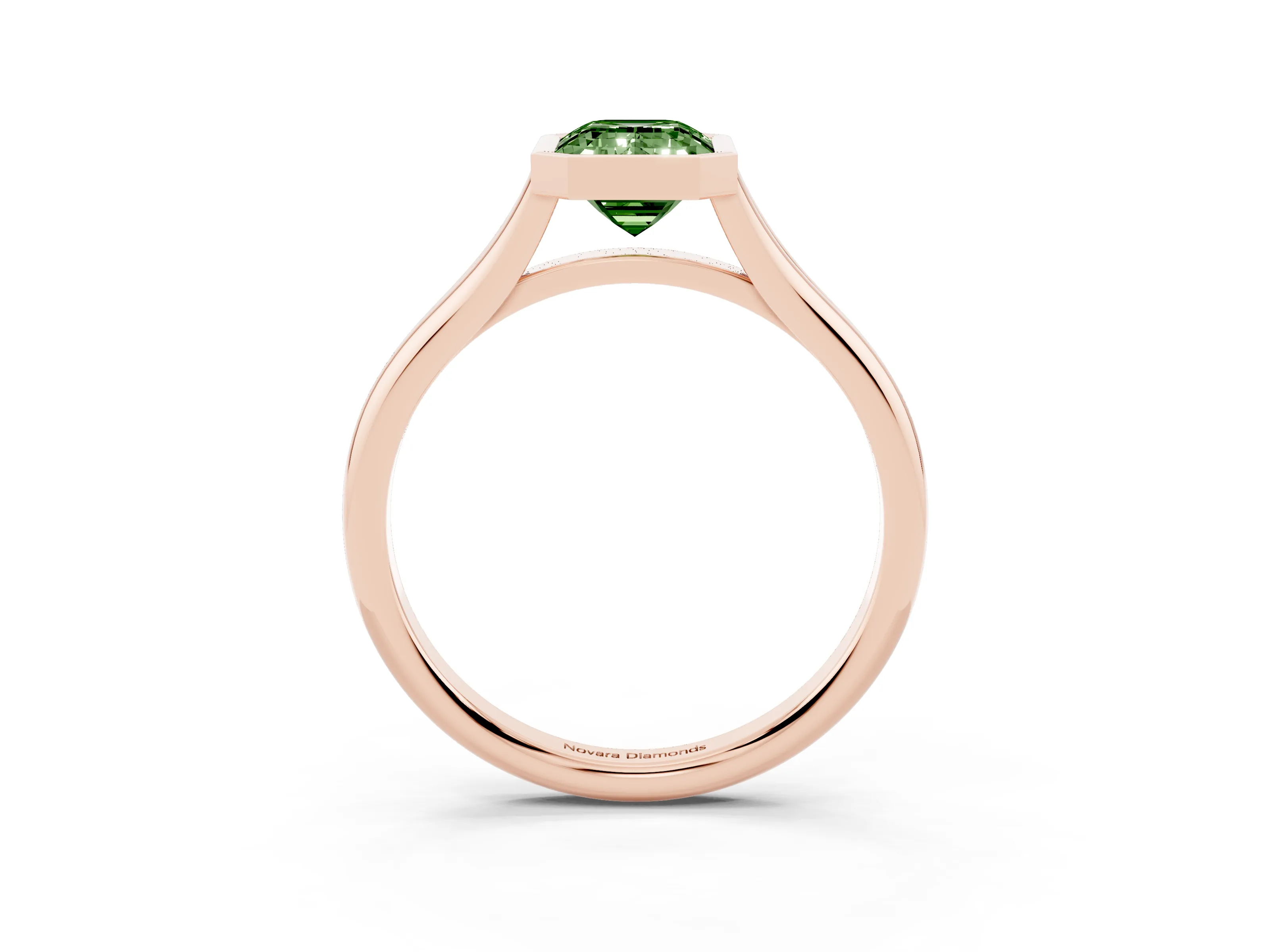 Fancy Green Bezel Set Emerald Cut Diamond Solitaire Ring Set in Rose gold with Tapered Band