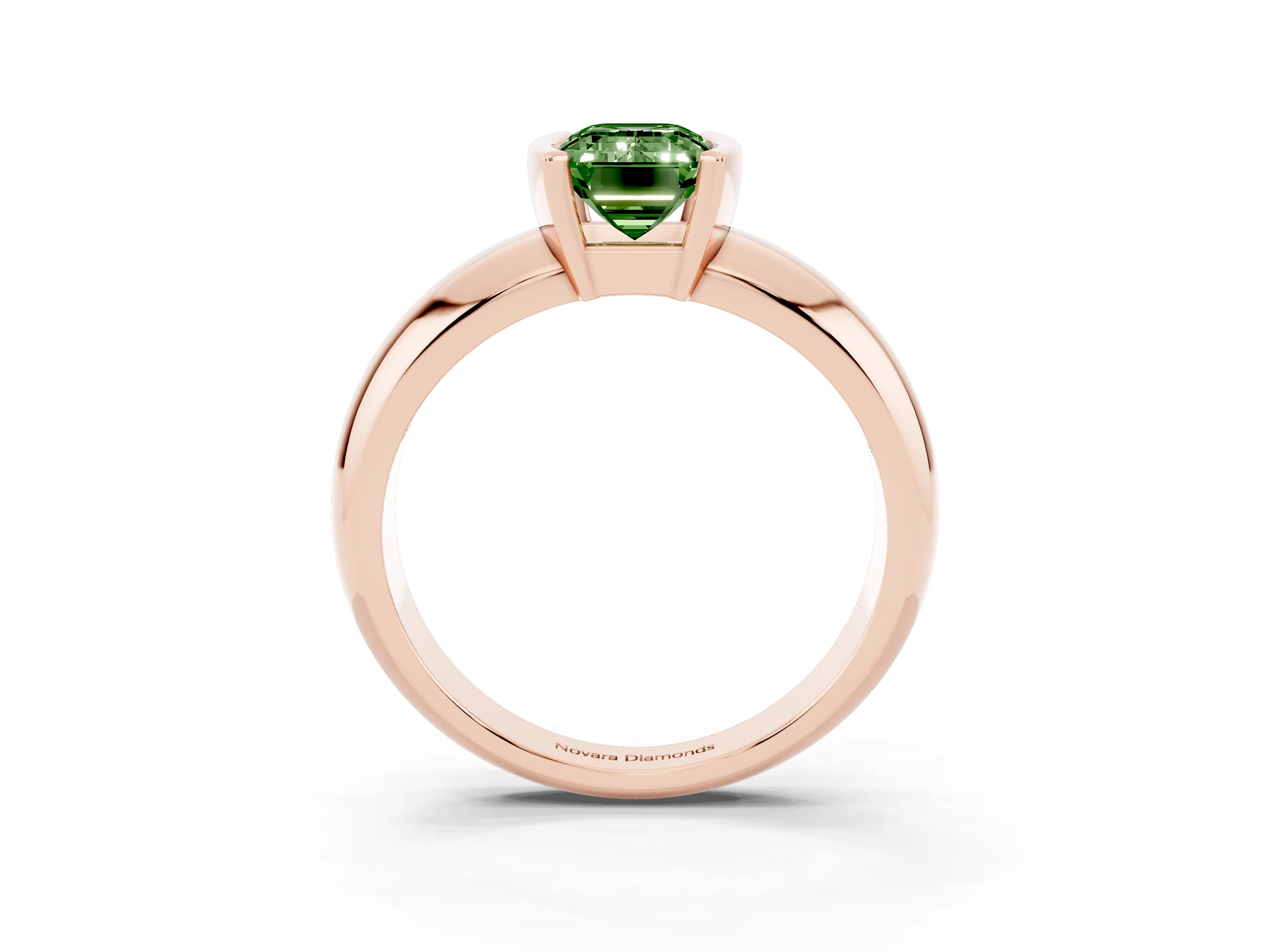 Fancy Green Emerald Cut Diamond Solitaire Tension Set Ring Set in Rose gold with Wide Band