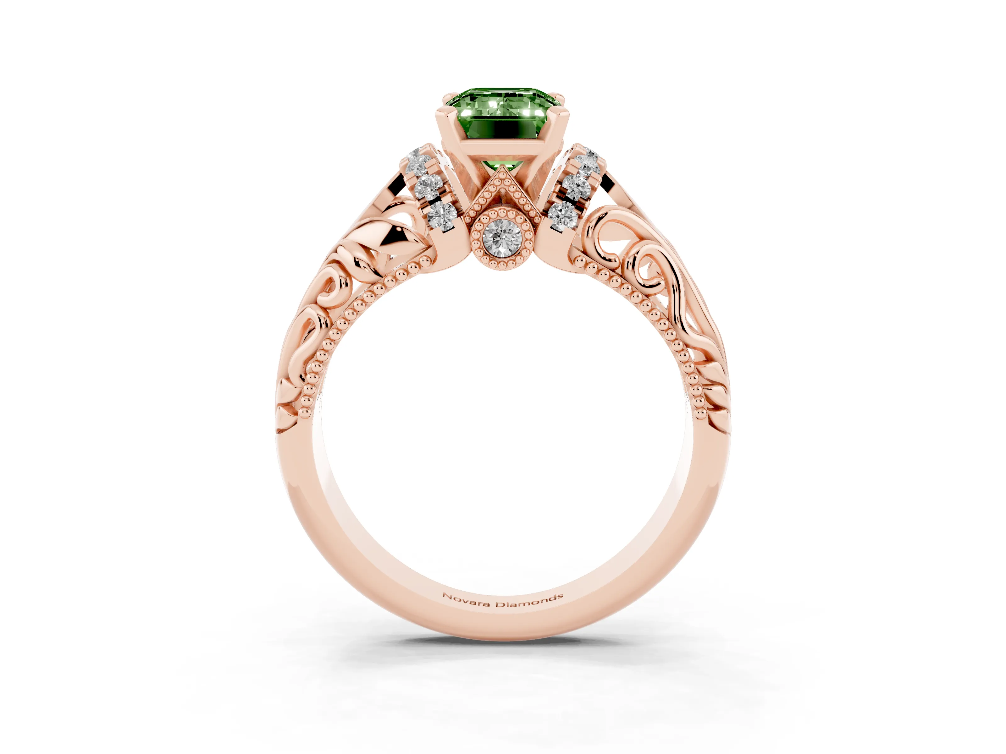 Fancy Green Emerald Cut Diamond Filigree Halo Engagement Ring Set in Rose gold with Prong Setting