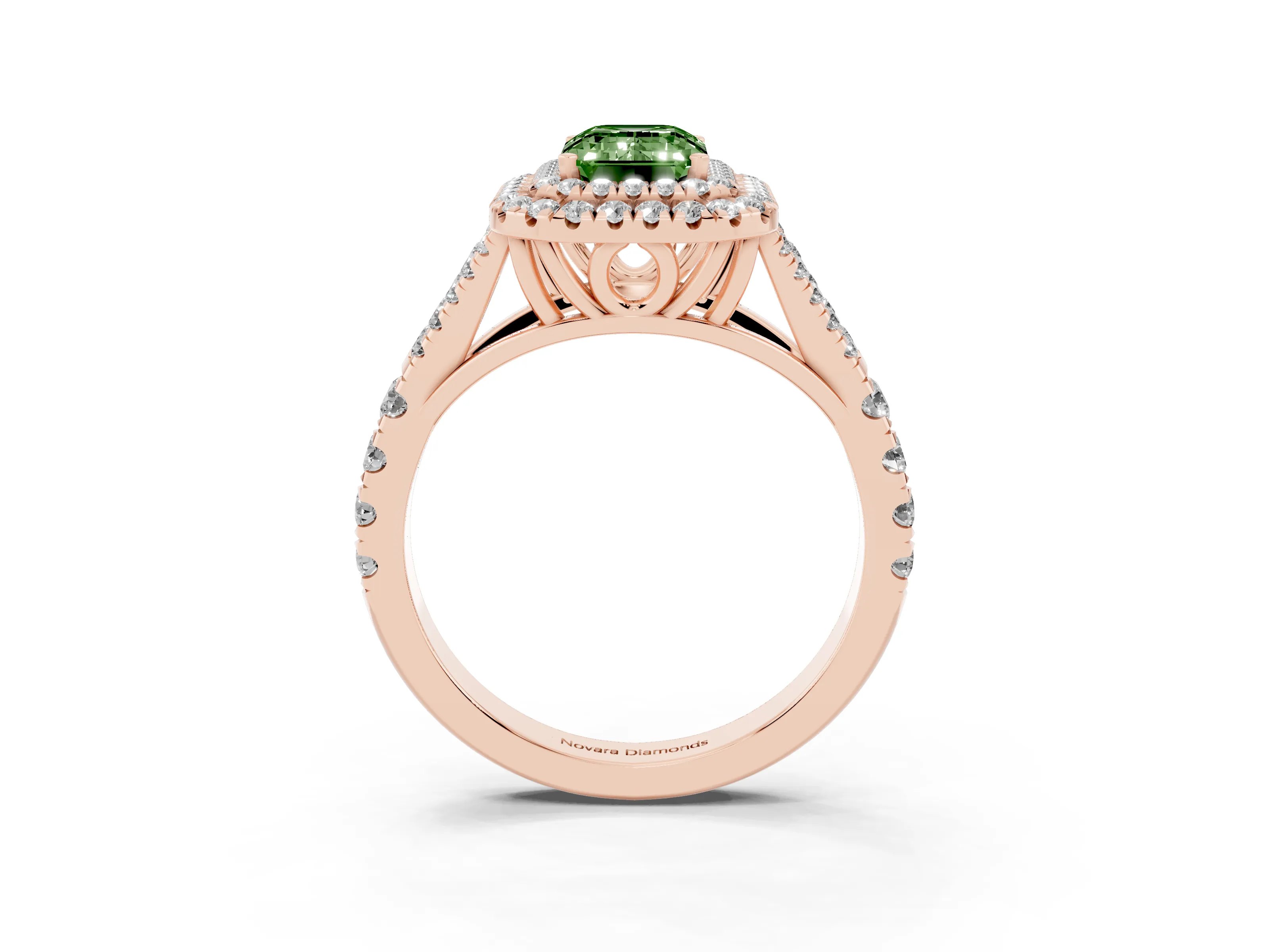 Fancy Green Emerald Cut Diamond Pavé Split Shank Double Halo Engagement Ring Set in Rose gold